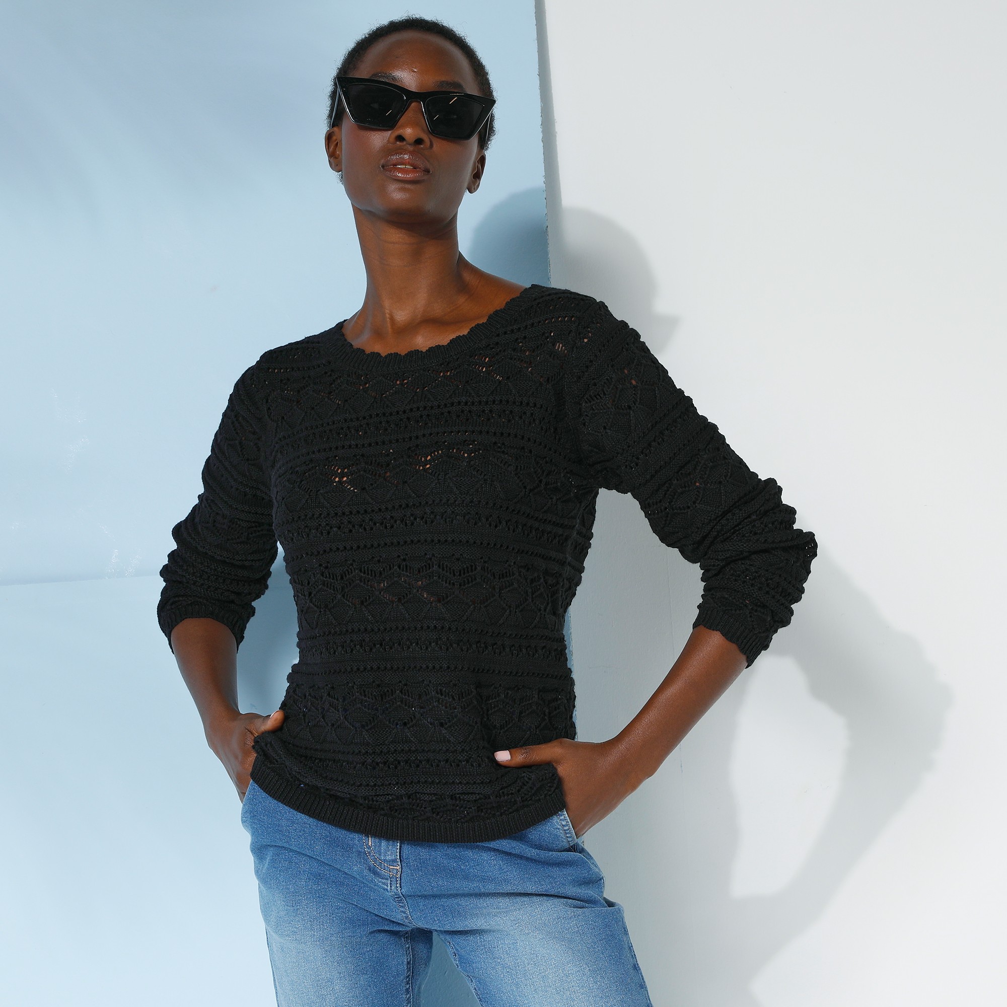 Pull Col Dégagé Finitions Écailles, Maille Fantaisie - Blancheporte