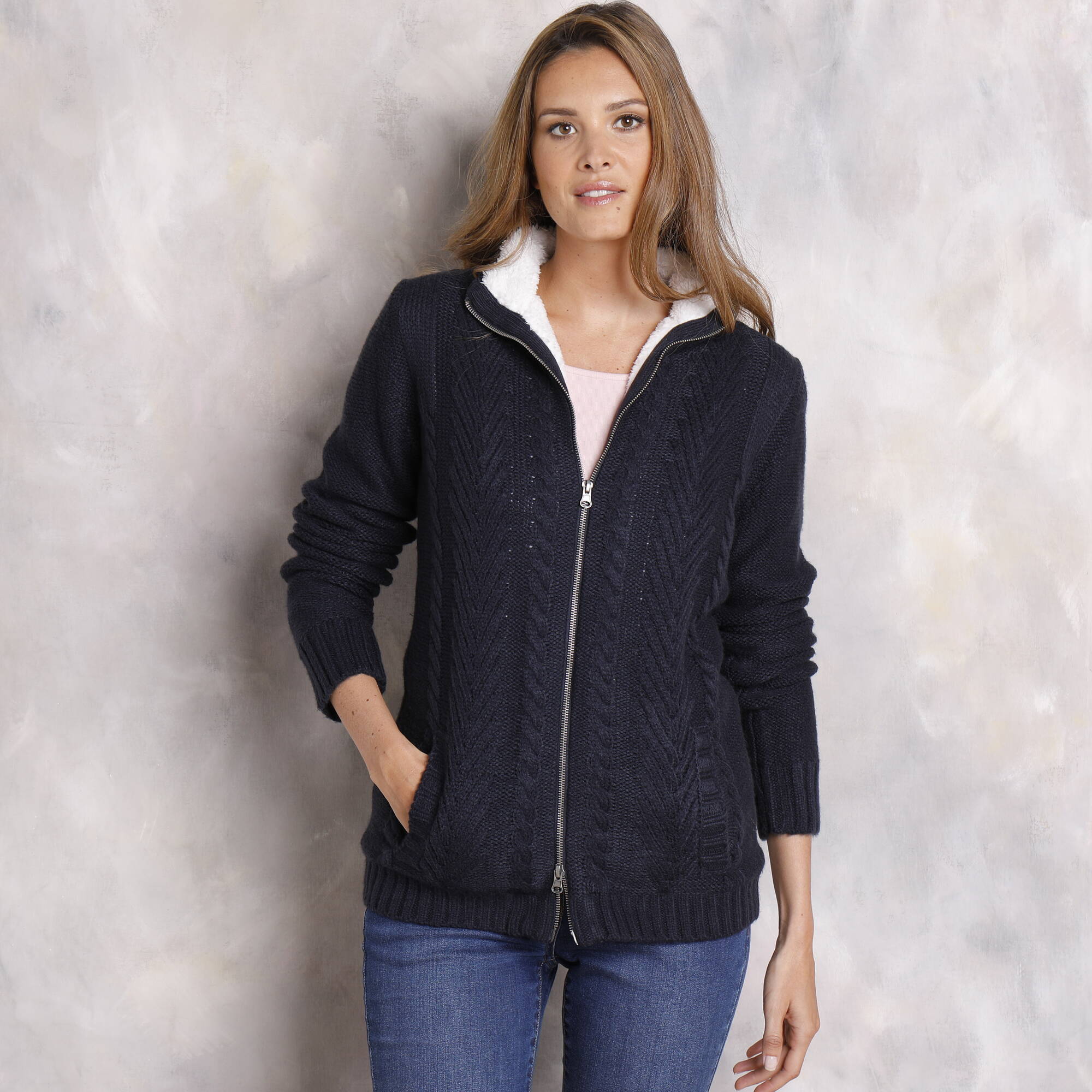 Gilet zippe torsade double maille peluche marine Blancheporte