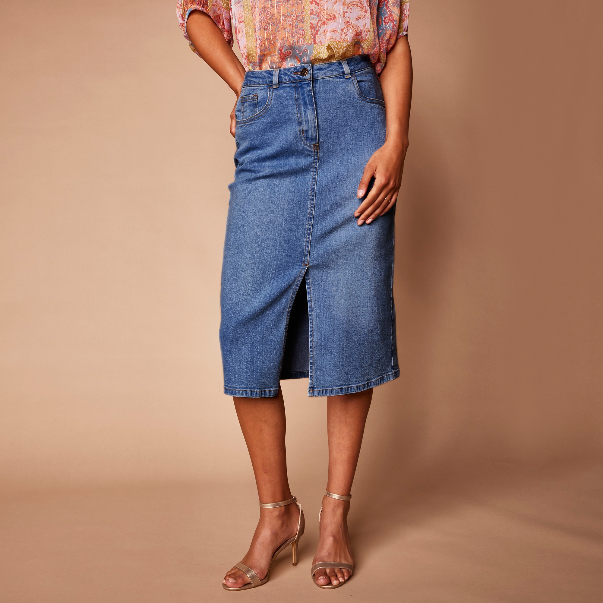 Jupe droite fendue, jean - 52 - Bleu - Lora Zellini