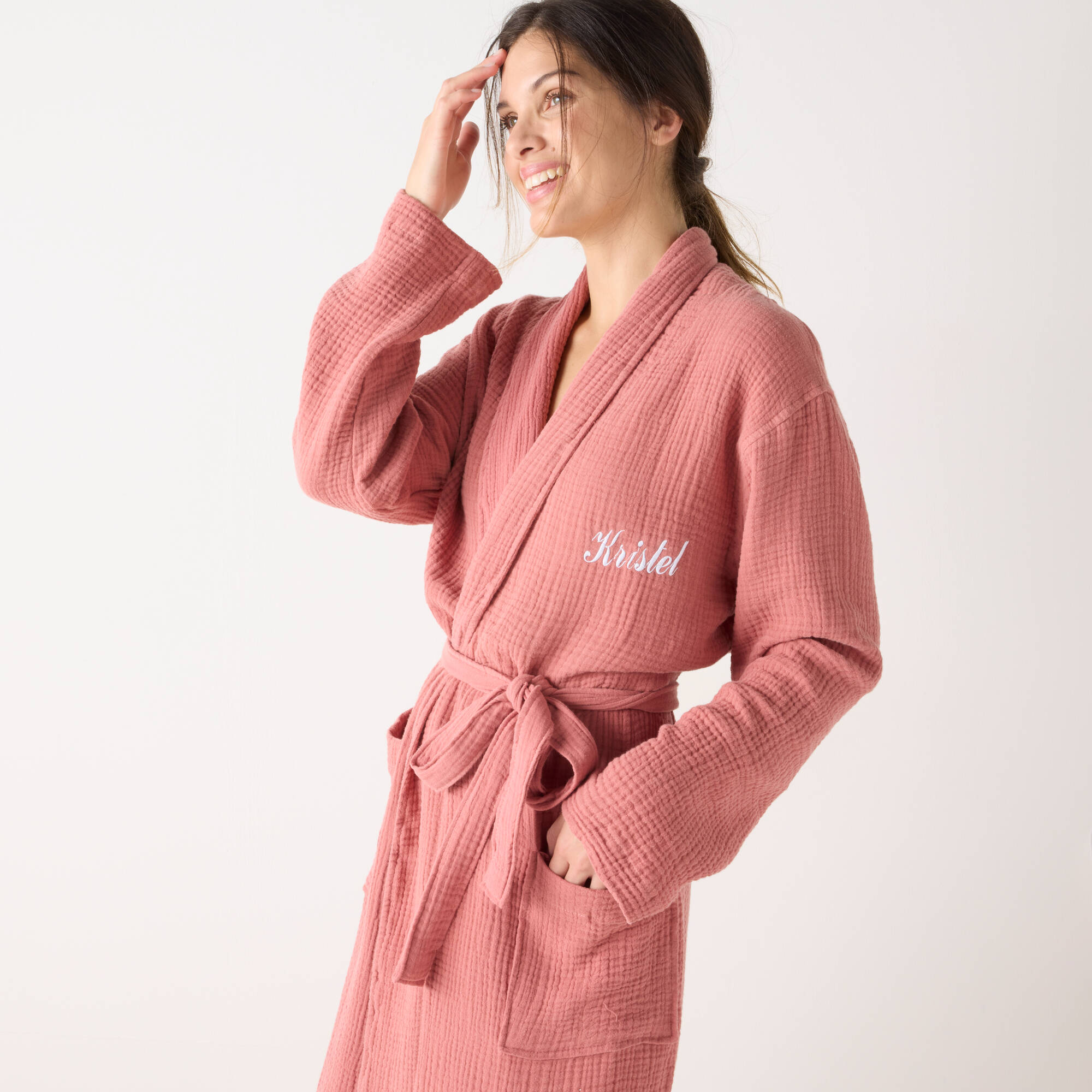 Peignoir col châle mixte triple gaze de coton Colombine®, personnalisable - Blancheporte