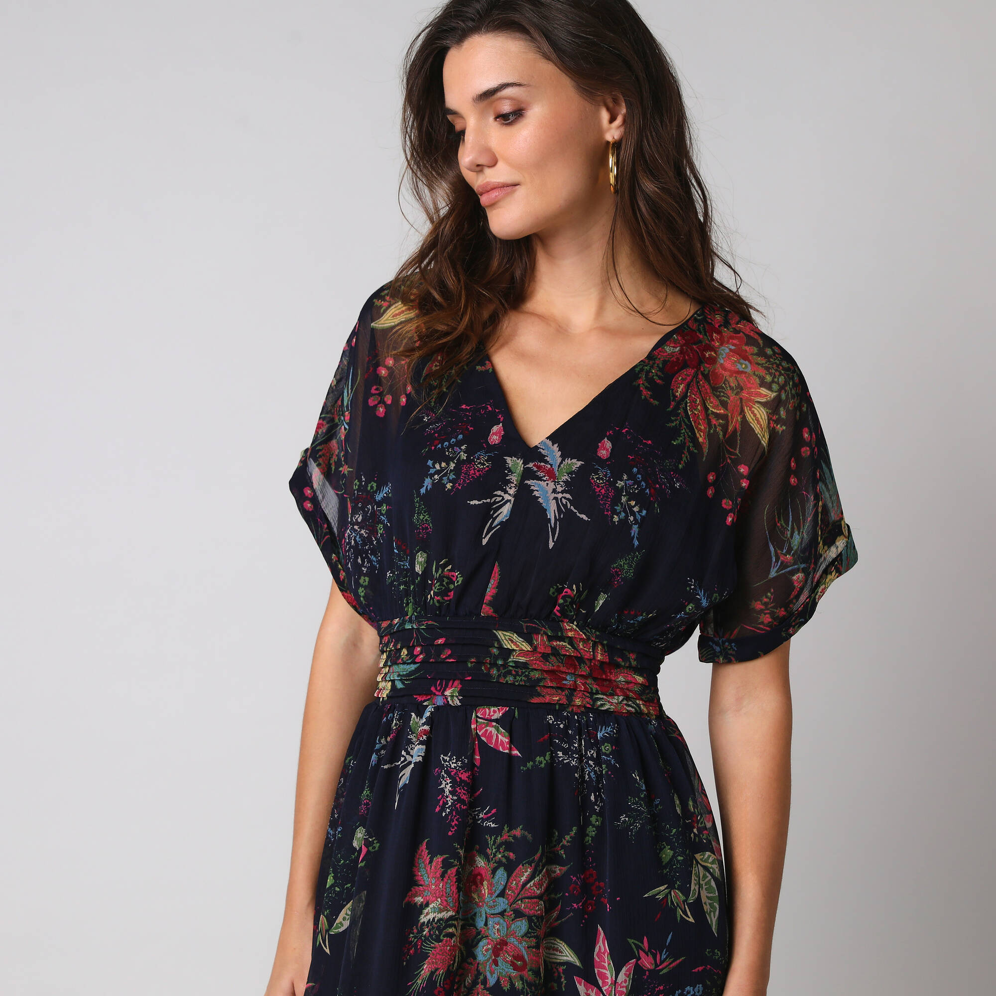 Robe longue col V, voile imprimé floral - Blancheporte