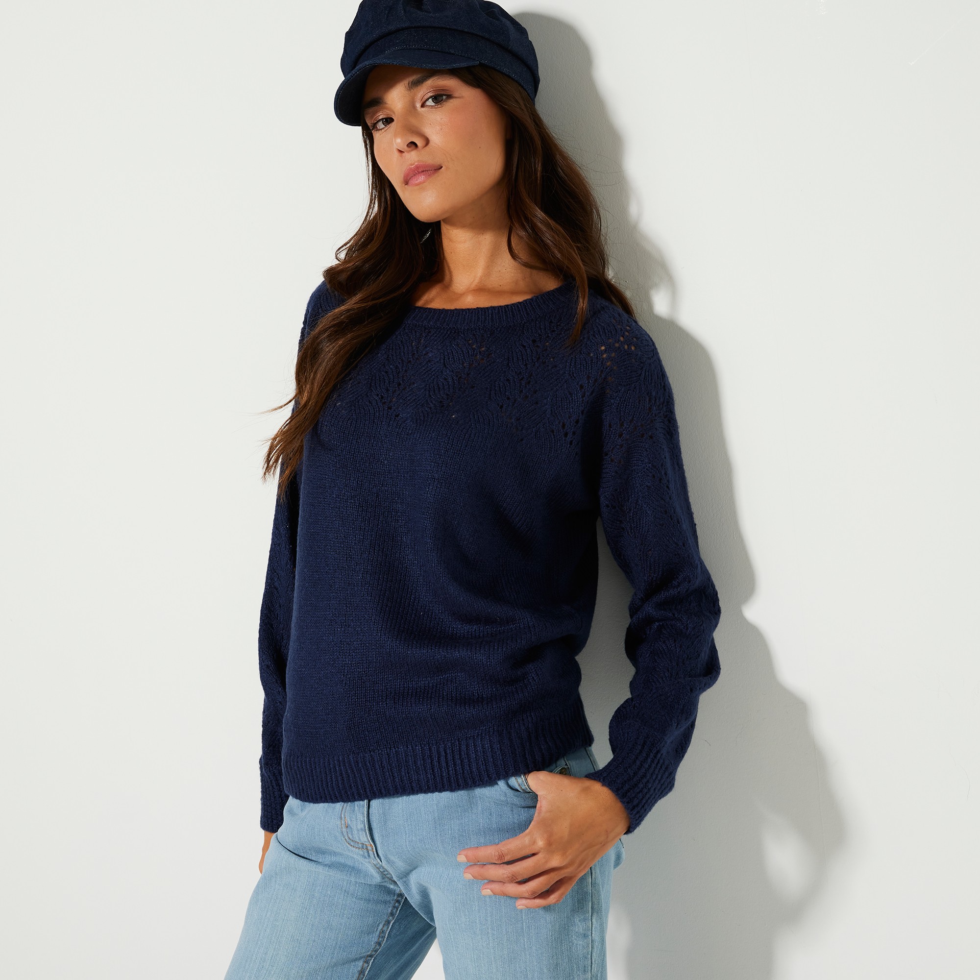 Pull Manches Longues Blousantes, Maille Ajourée Toucher Mohair - Blancheporte