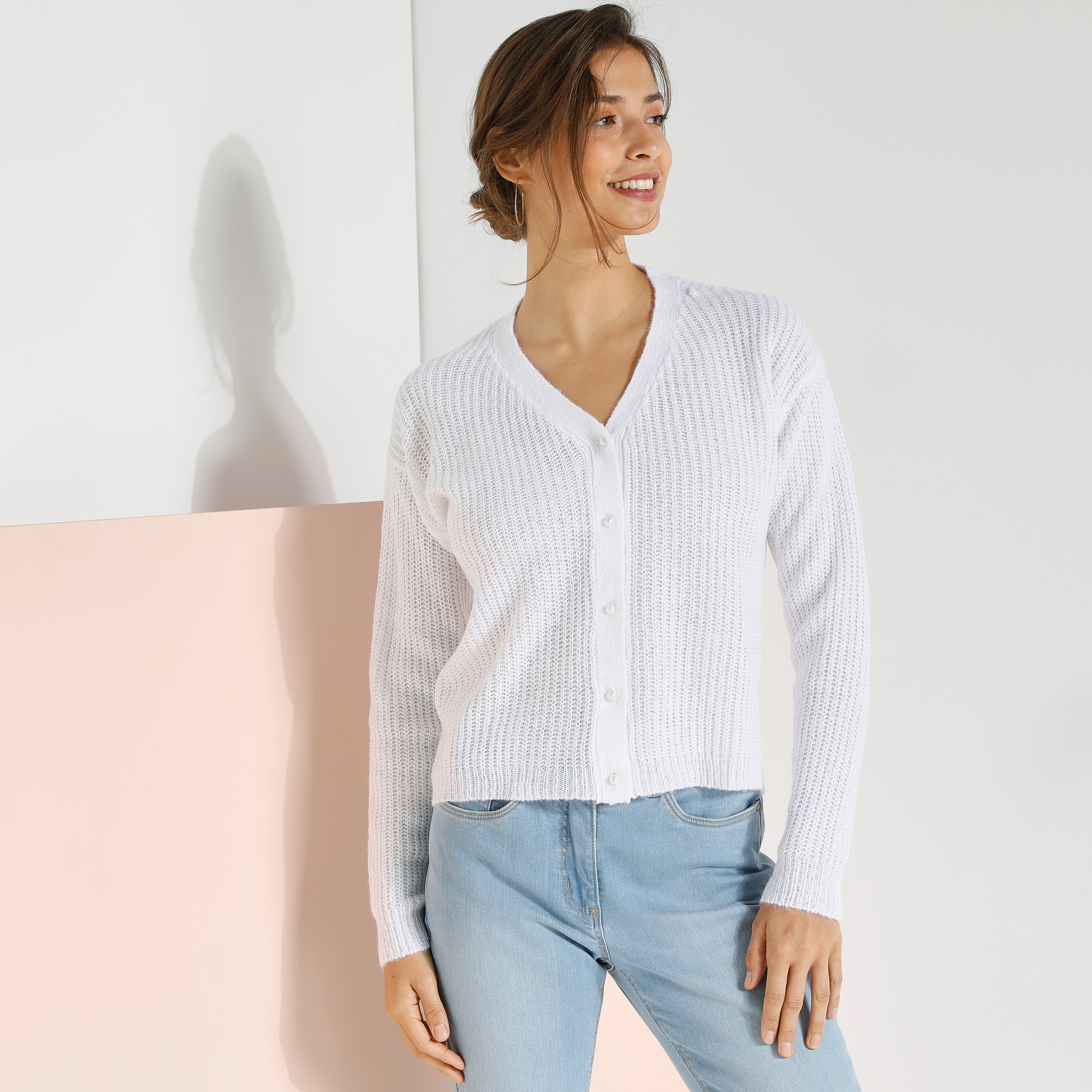 Gilet Col V Boutonné, Maille Anglaise - Blancheporte