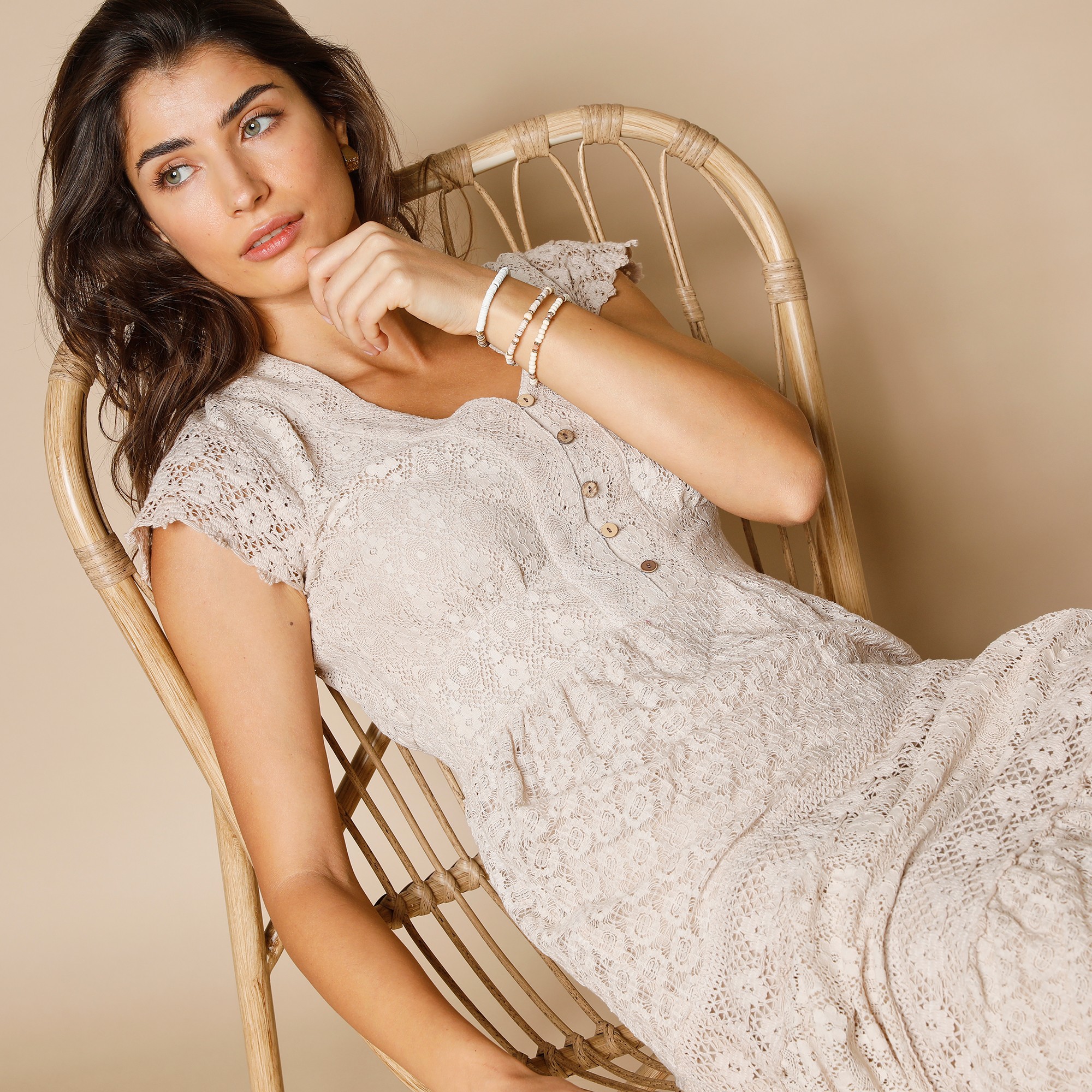 Robe longue dentelle macrame sable Blancheporte
