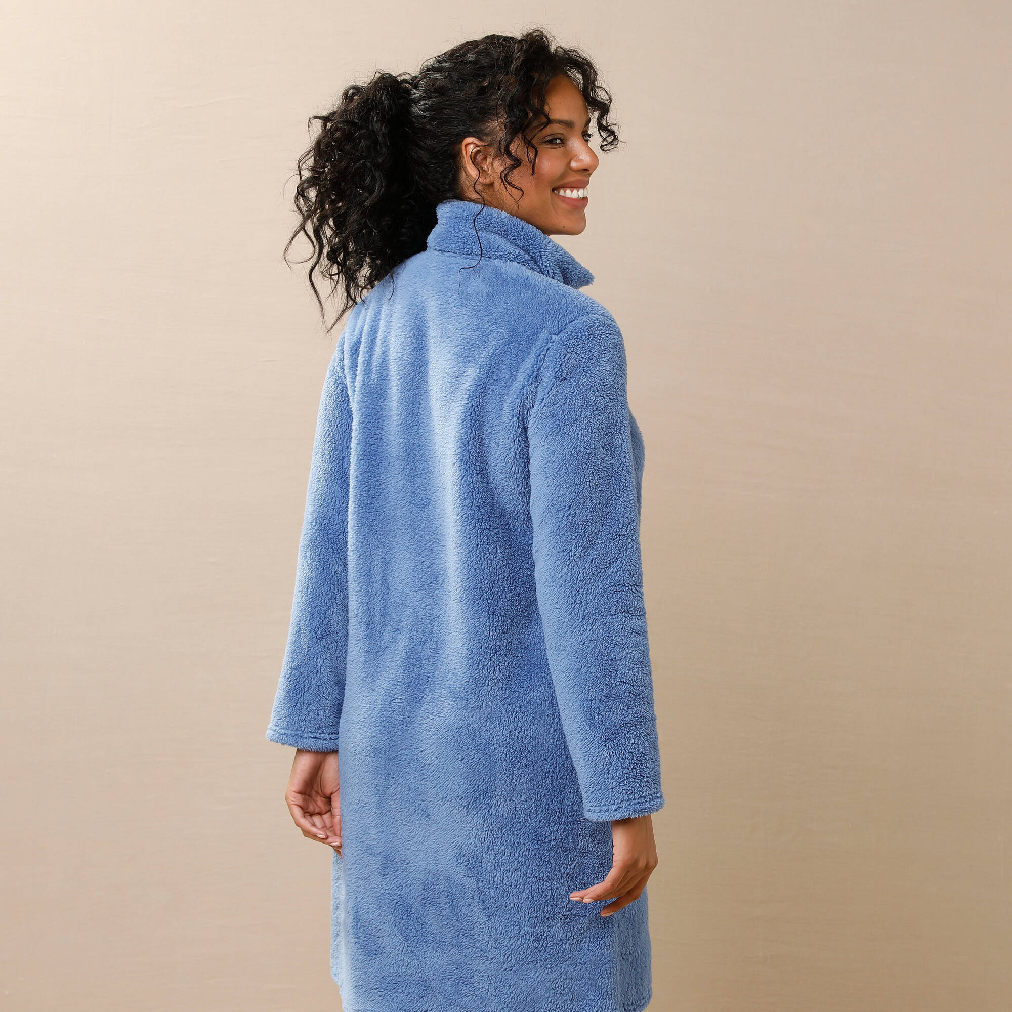 Robe de chambre maille polaire bleu jean ecru Blancheporte