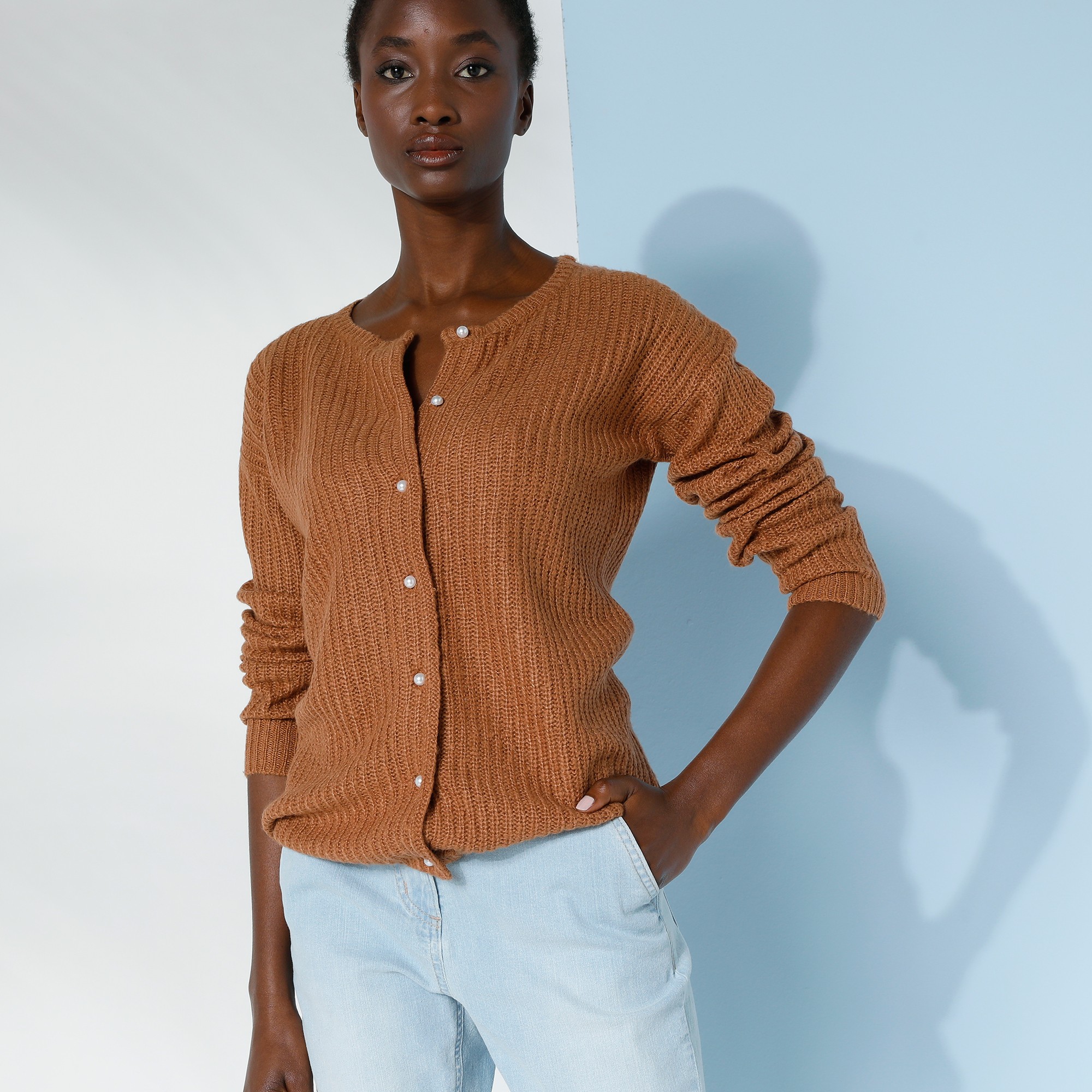 Cardigan Boutons Perles Fantaisie, Maille Anglaise - Blancheporte