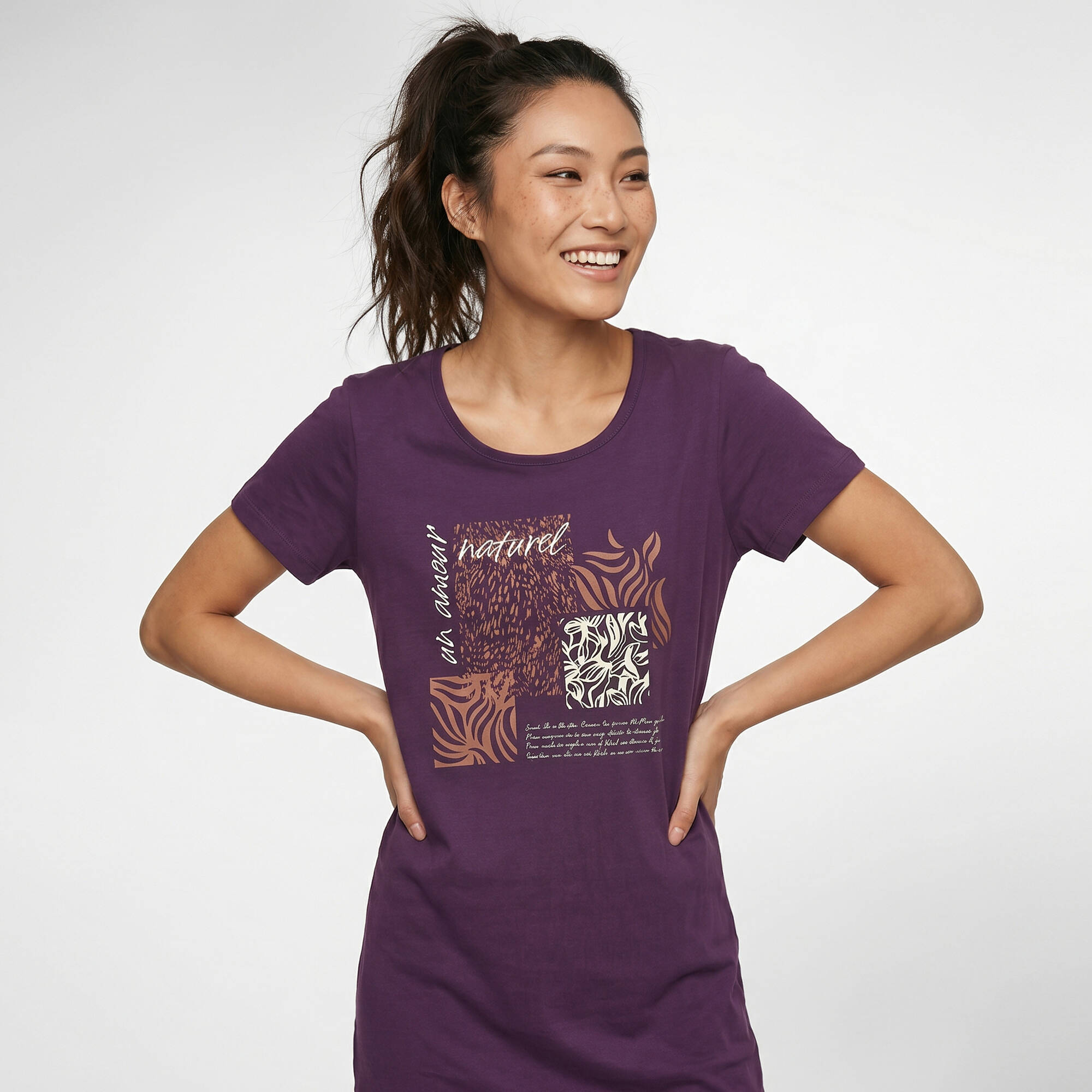 Chemise de nuit longue motif plac Un amour naturel manches courtes - Blancheporte 16$