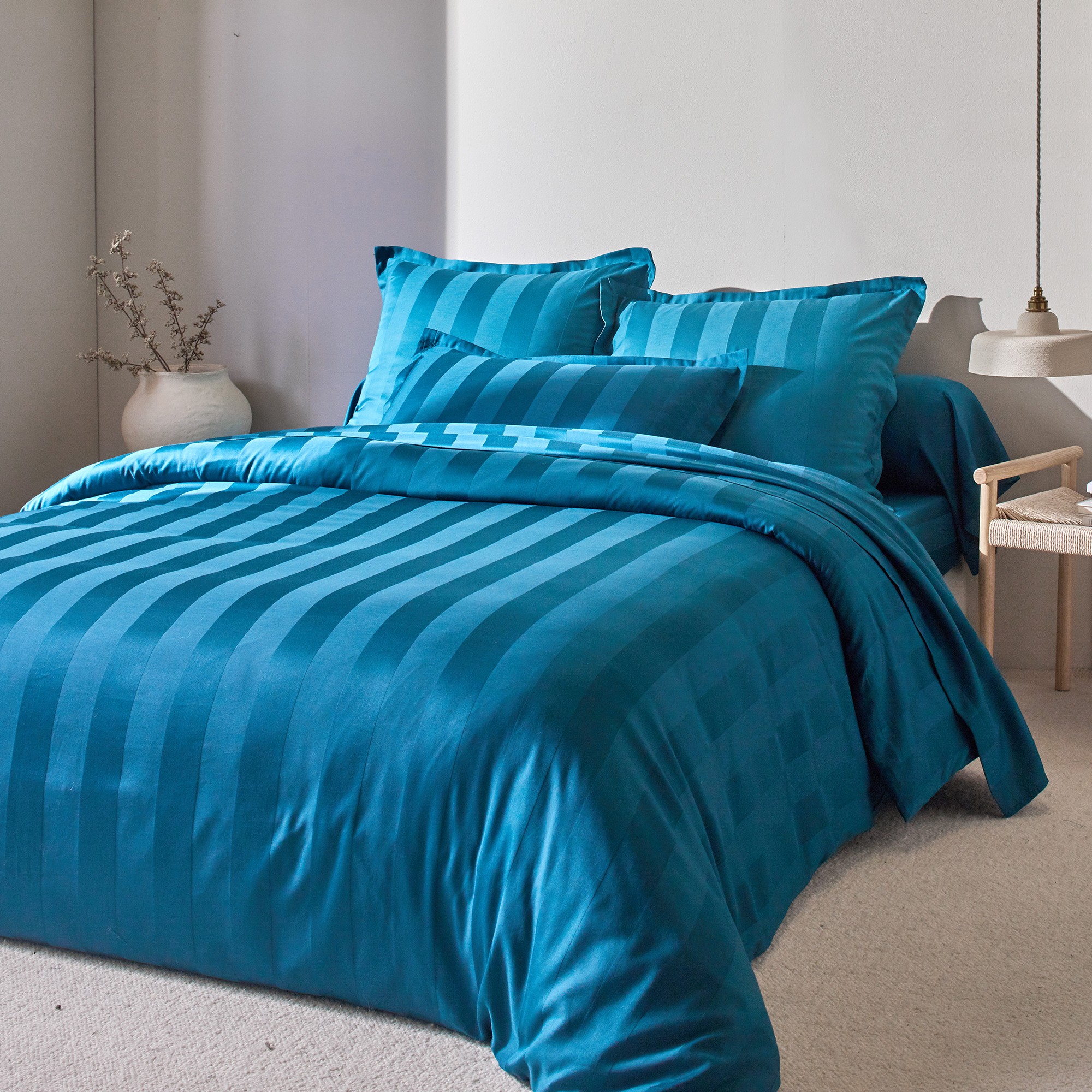 Linge de lit satin rayé - Taie De Traversin 86x190cm - Bleu - Colombine