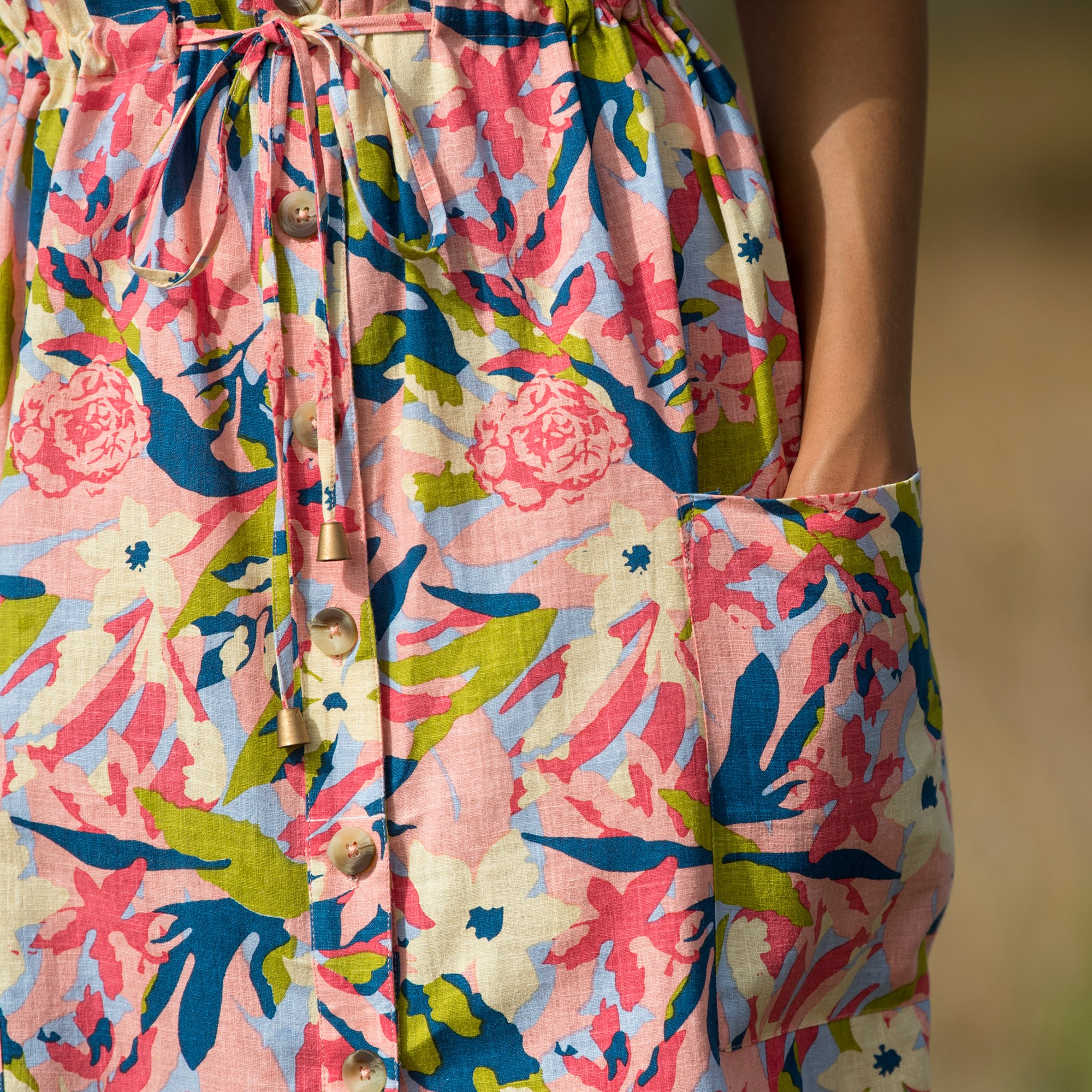 Robe midi boutonnee imprimee coton lin peche vert Blancheporte