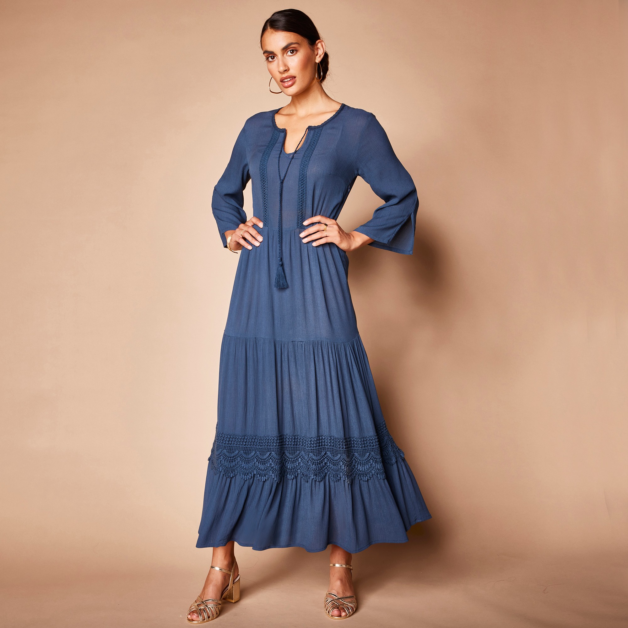 Robe longue unie manches 3/4, crépon - 50 - Bleu - Lora Zellini