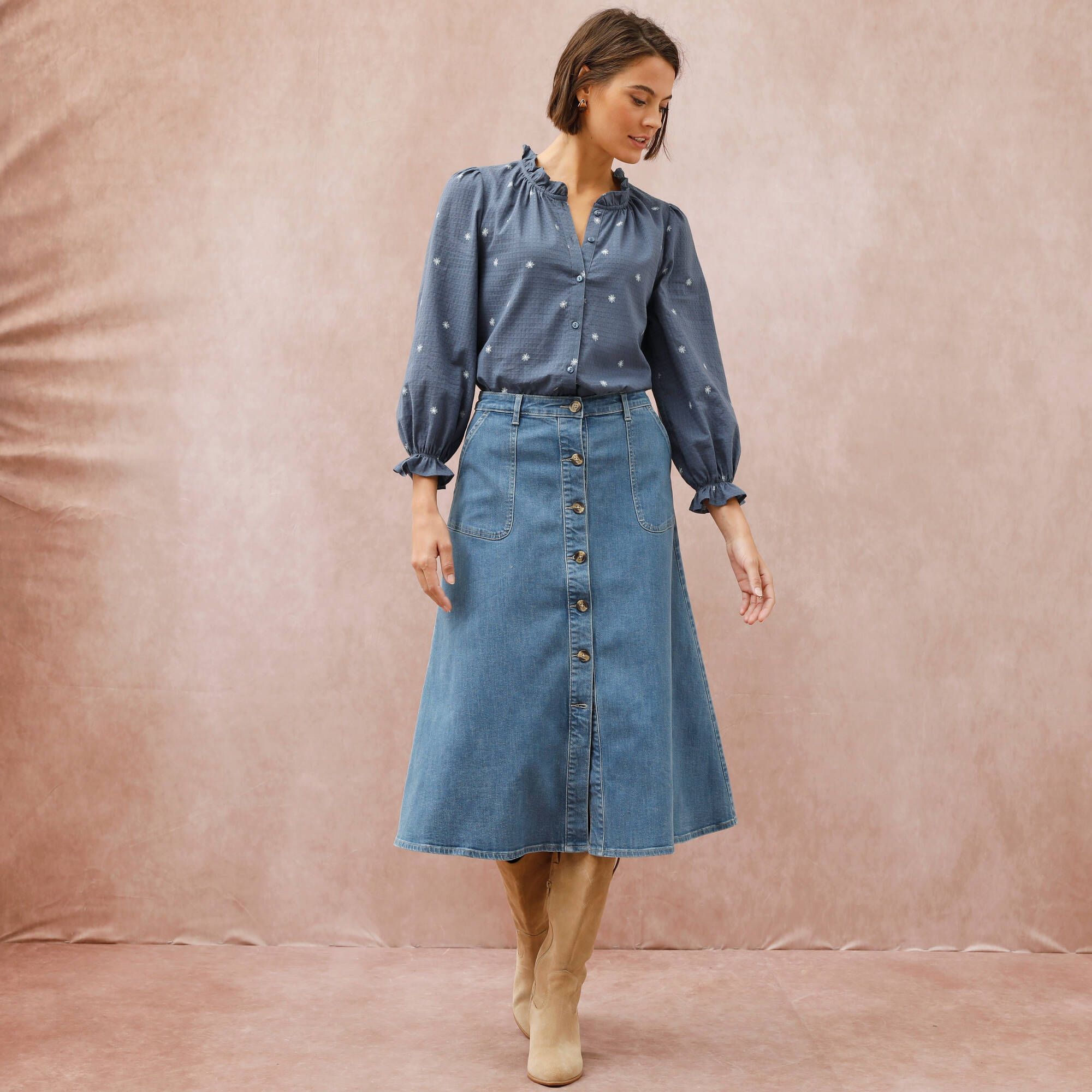 Jupe longue vase boutonne devant denim stretch - Blancheporte 27 €