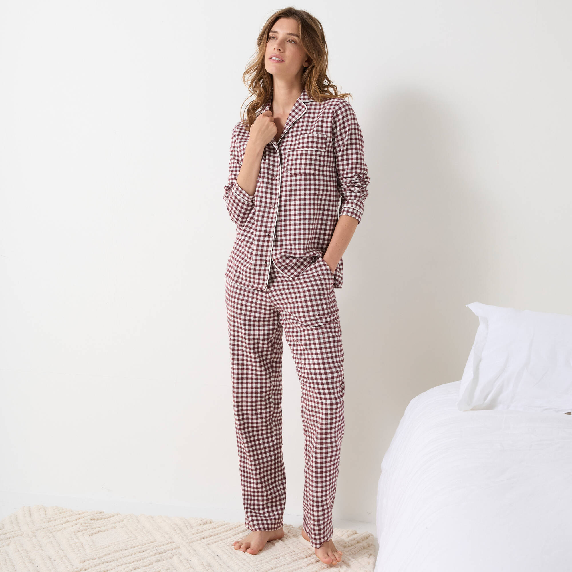 Pyjama 2 Pièces En Flanelle Pour Femme - Haut Manches Longues Et Pantalon Large - Ensemble Décontracté Chaud Pour La Maison, Loisirs