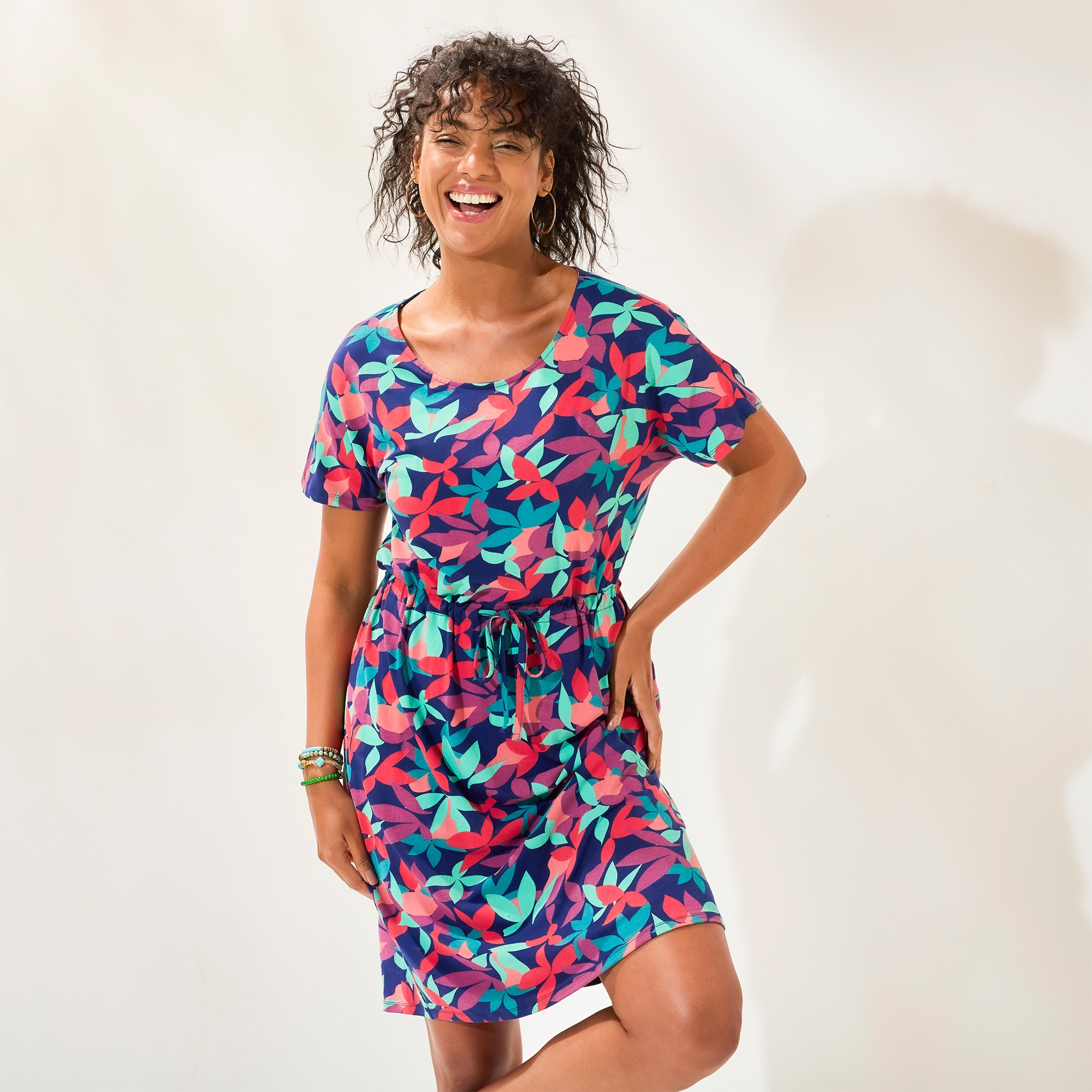 Robe Courte Imprimé Feuilles Graphiques, Manches Courtes - Blancheporte