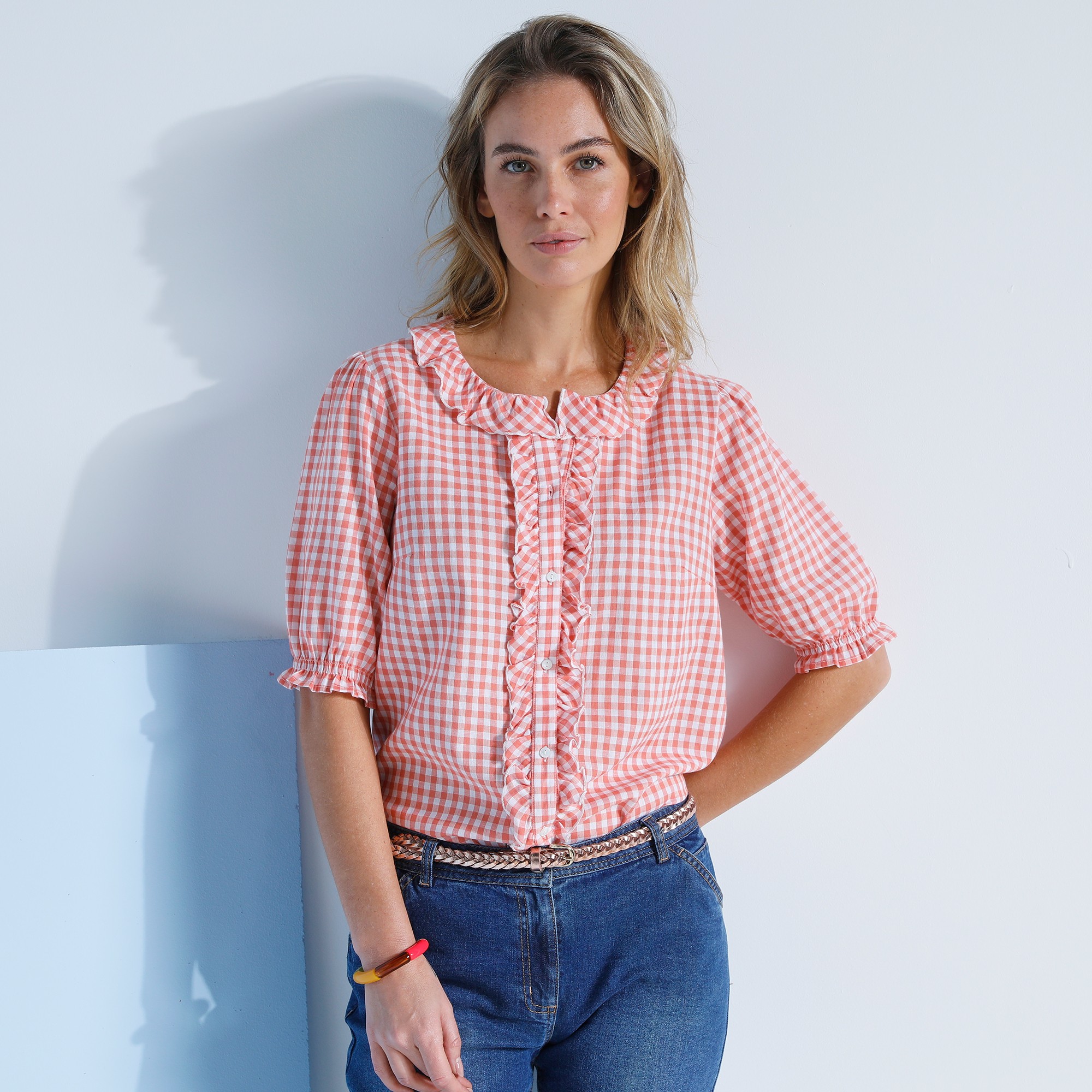 Chemisier Volanté Carreaux Manches Coude - Blancheporte