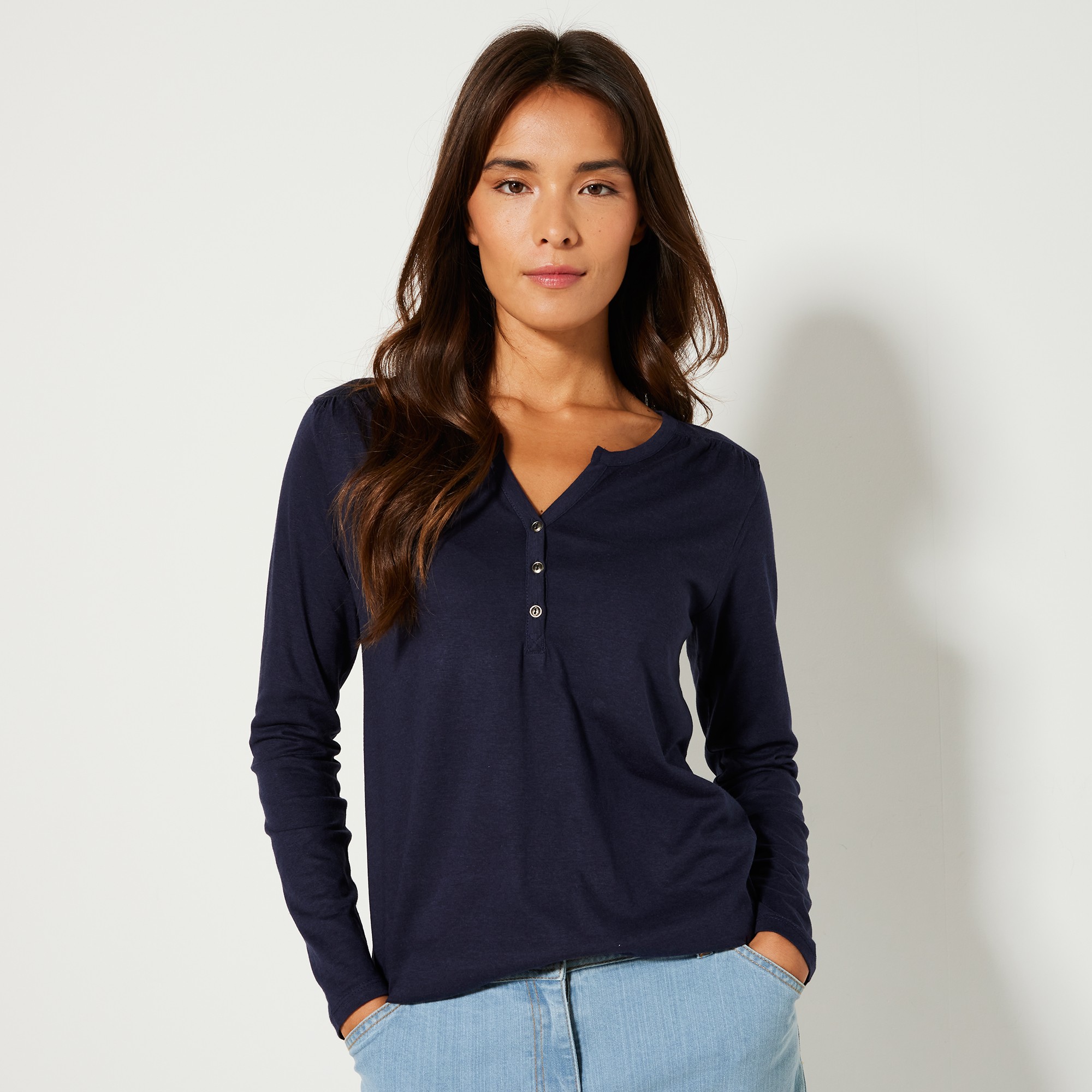 Tee-shirt Col Tunisien Manches Longues, Uni - Blancheporte