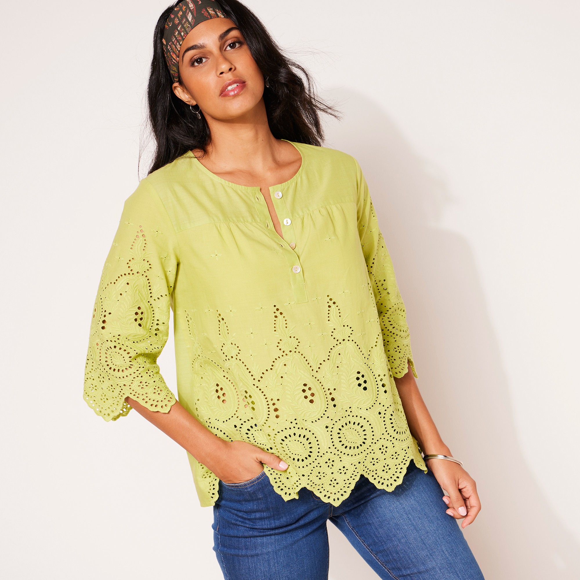 Blouse Unie Manches 3/4, Broderie Anglaise - Blancheporte