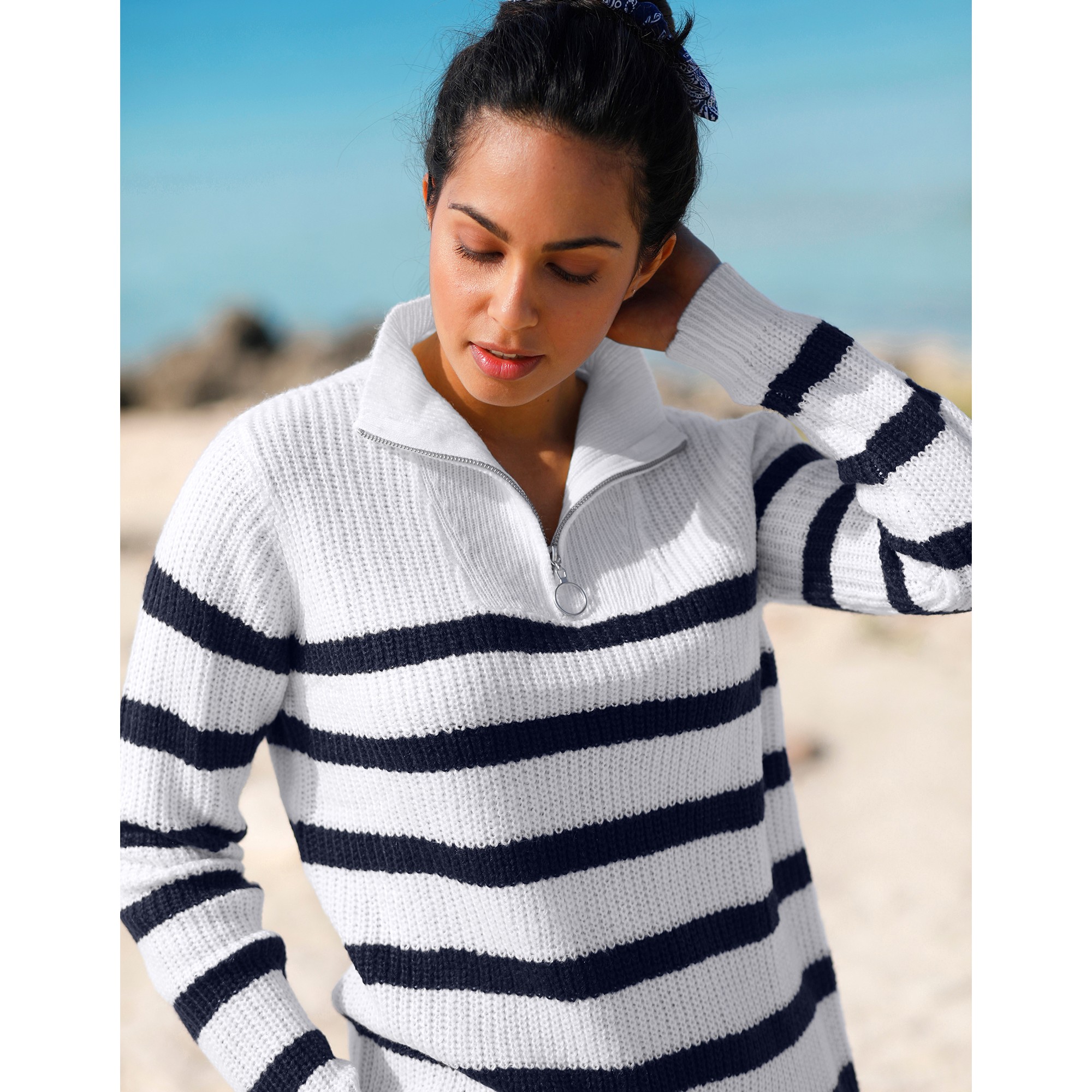 Pull Rayé Col Zippé, Maille Anglaise Toucher Mohair - Blancheporte