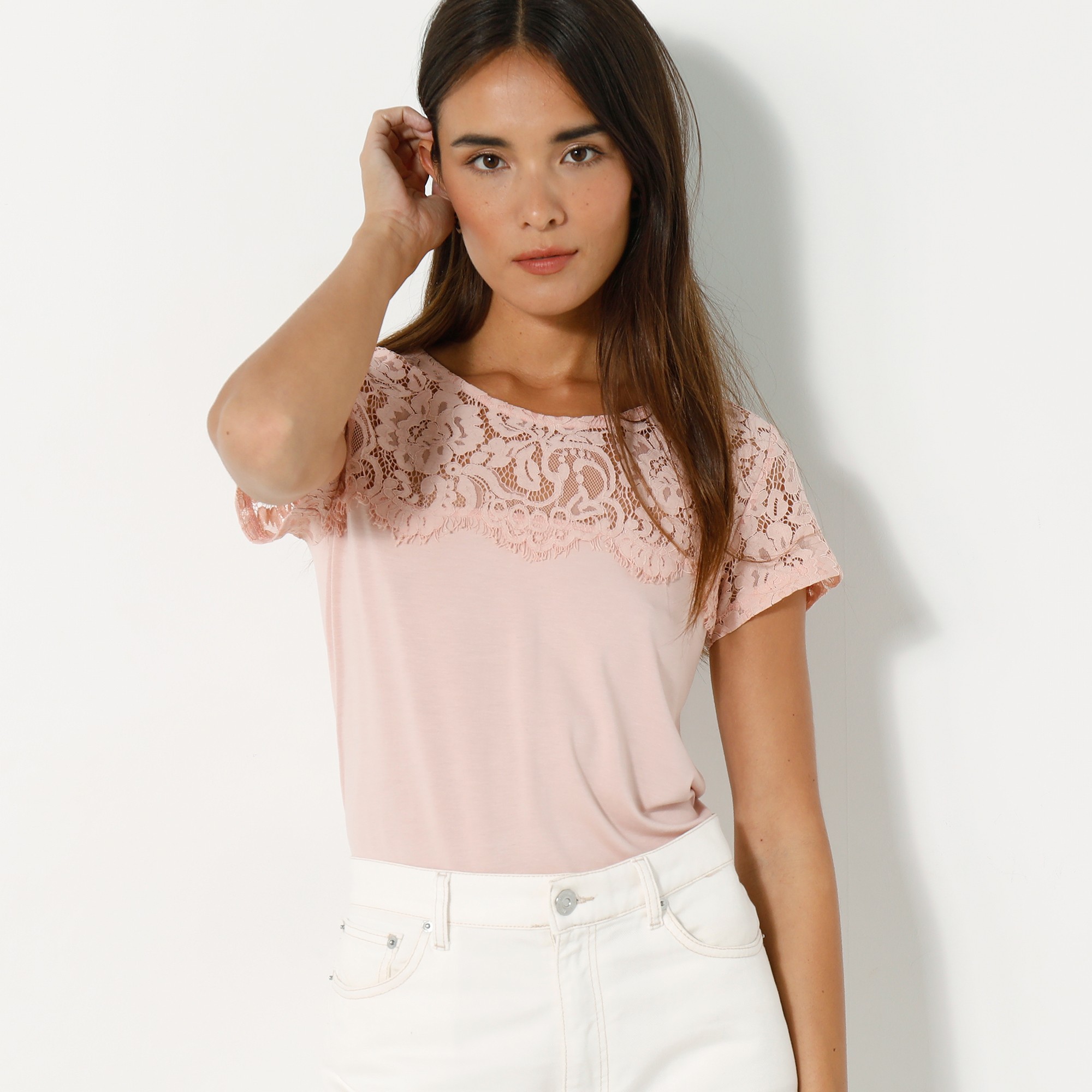 T-shirt Dentelle Col Rond Manches Courtes - Blancheporte