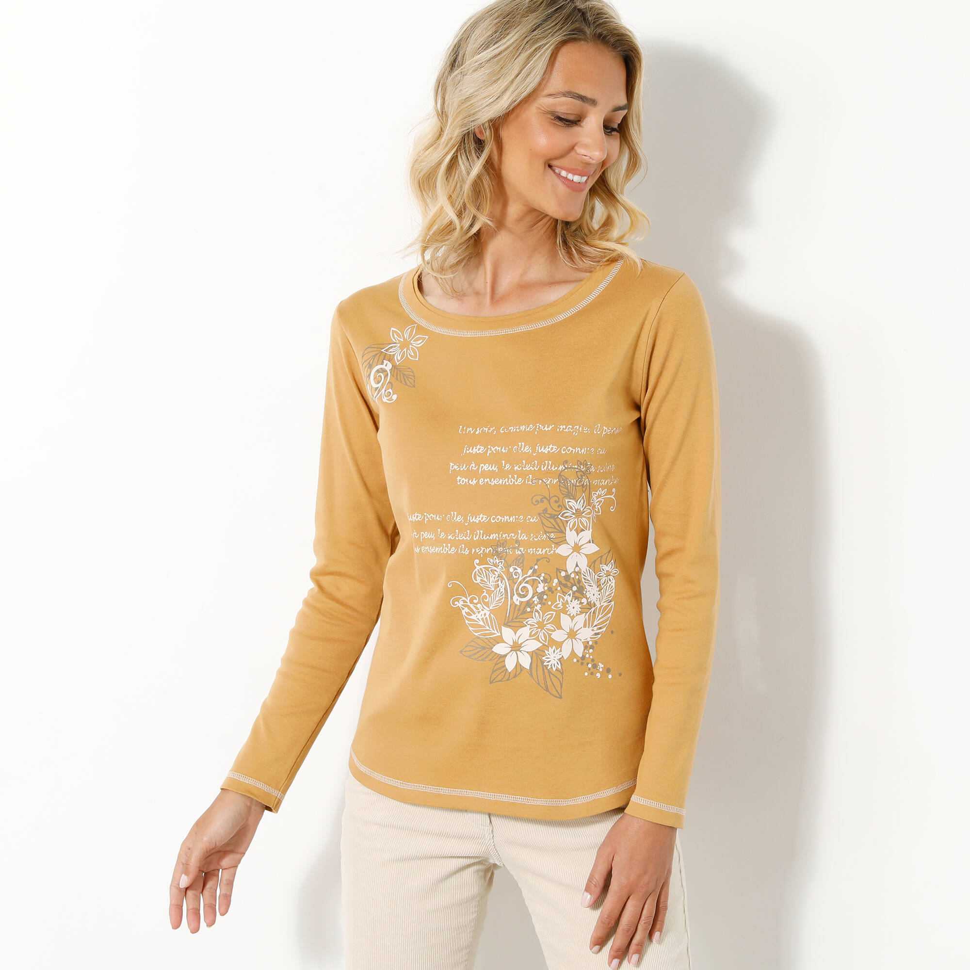 T shirt manches longues imprime fleuri curry Blancheporte