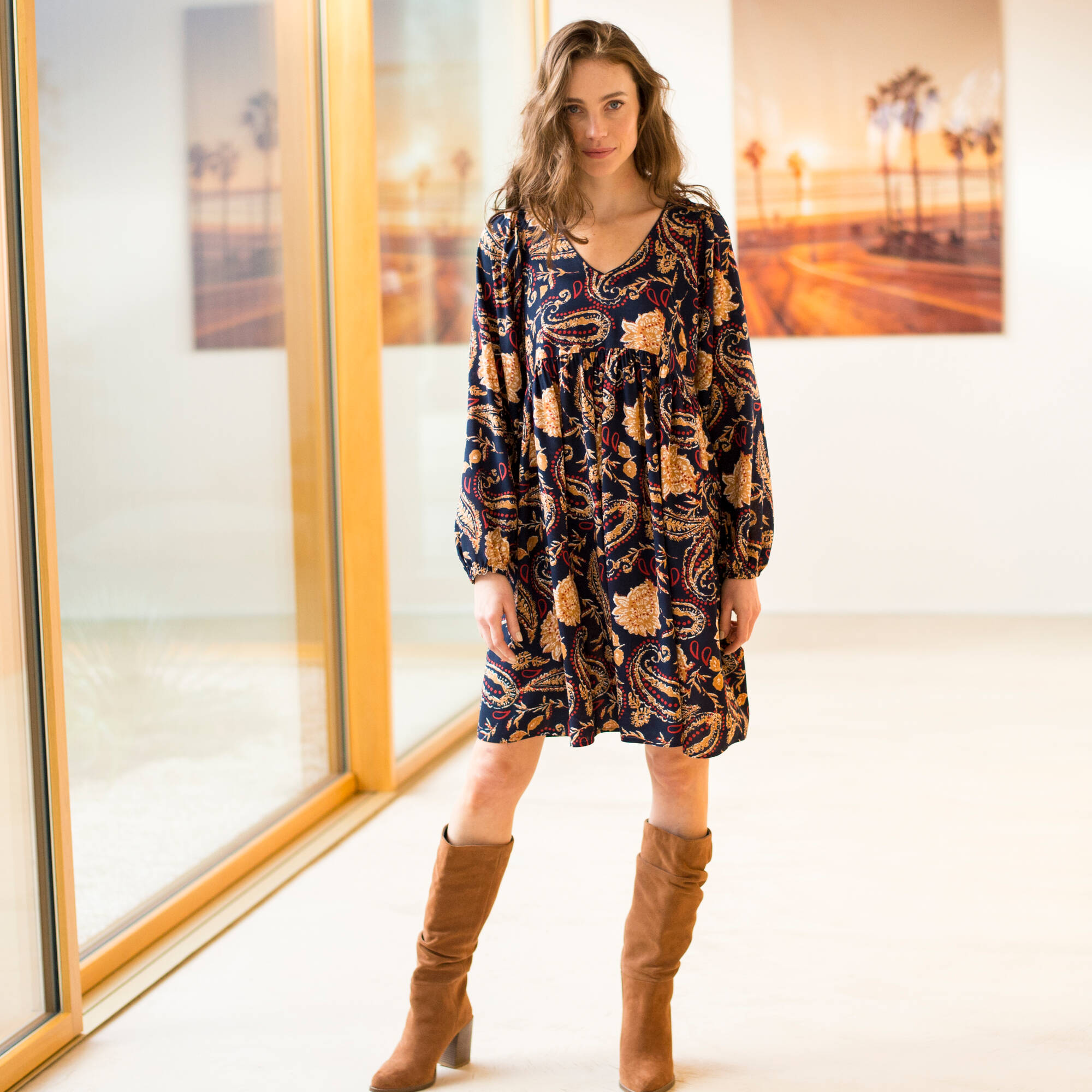 Robe courte col V imprime boheme marine caramel Blancheporte