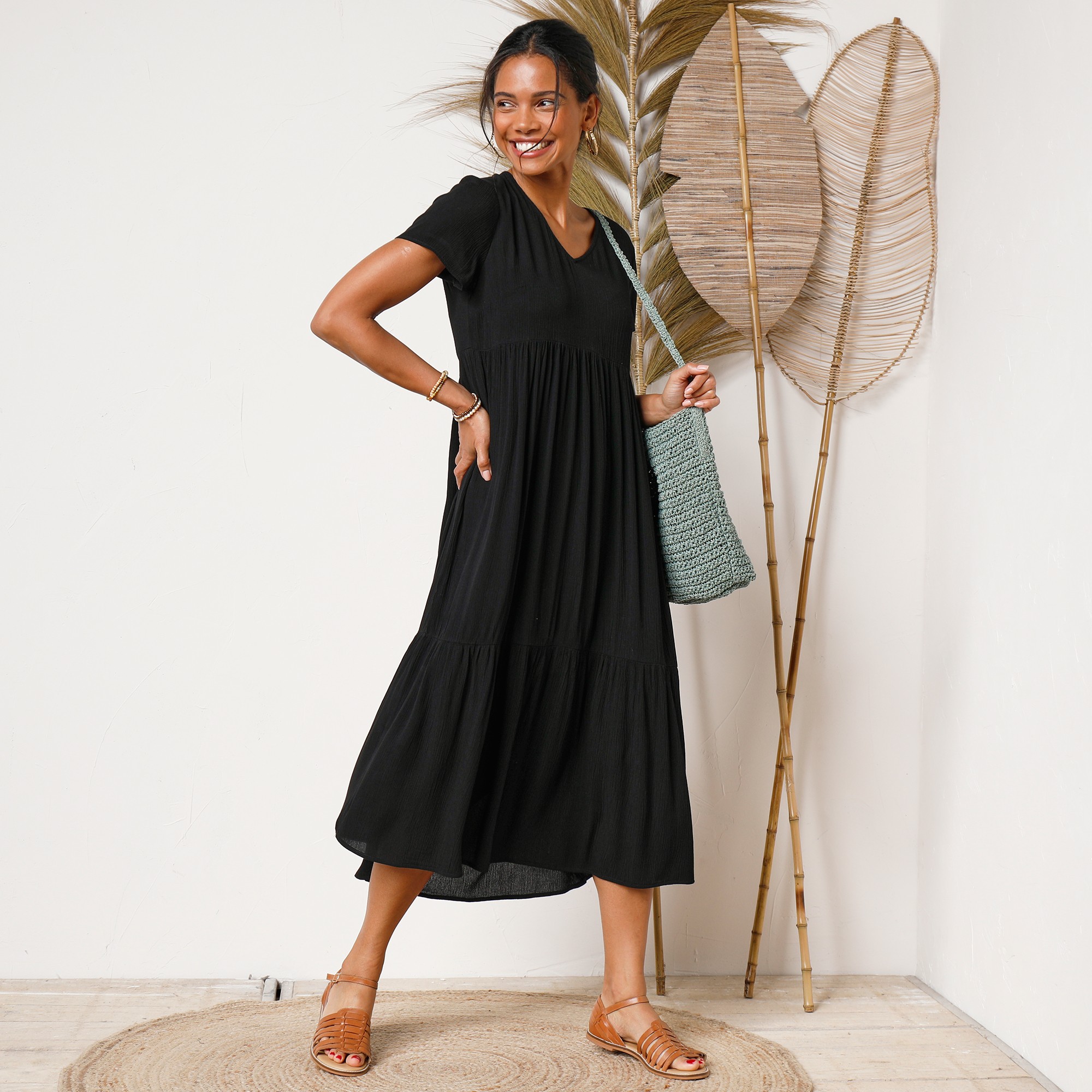 Robe Col V Longue Unie, Crépon - Blancheporte