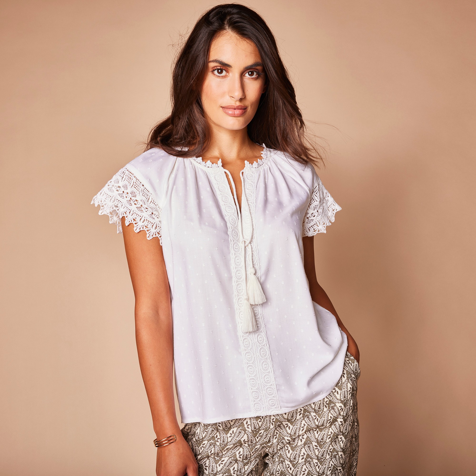 Blouse manches courtes, plumetis macramé - 54 - Écru - Lora Zellini
