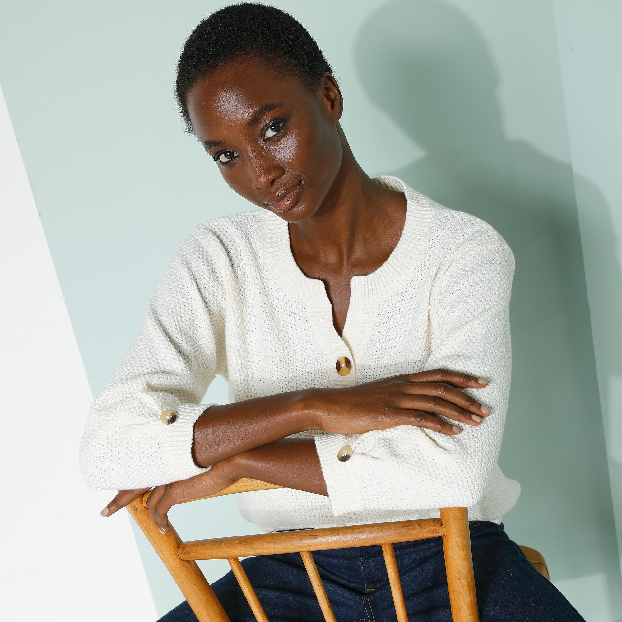 Pull Col Tunisien Manches 3/4, Maille Fantaisie - Blancheporte