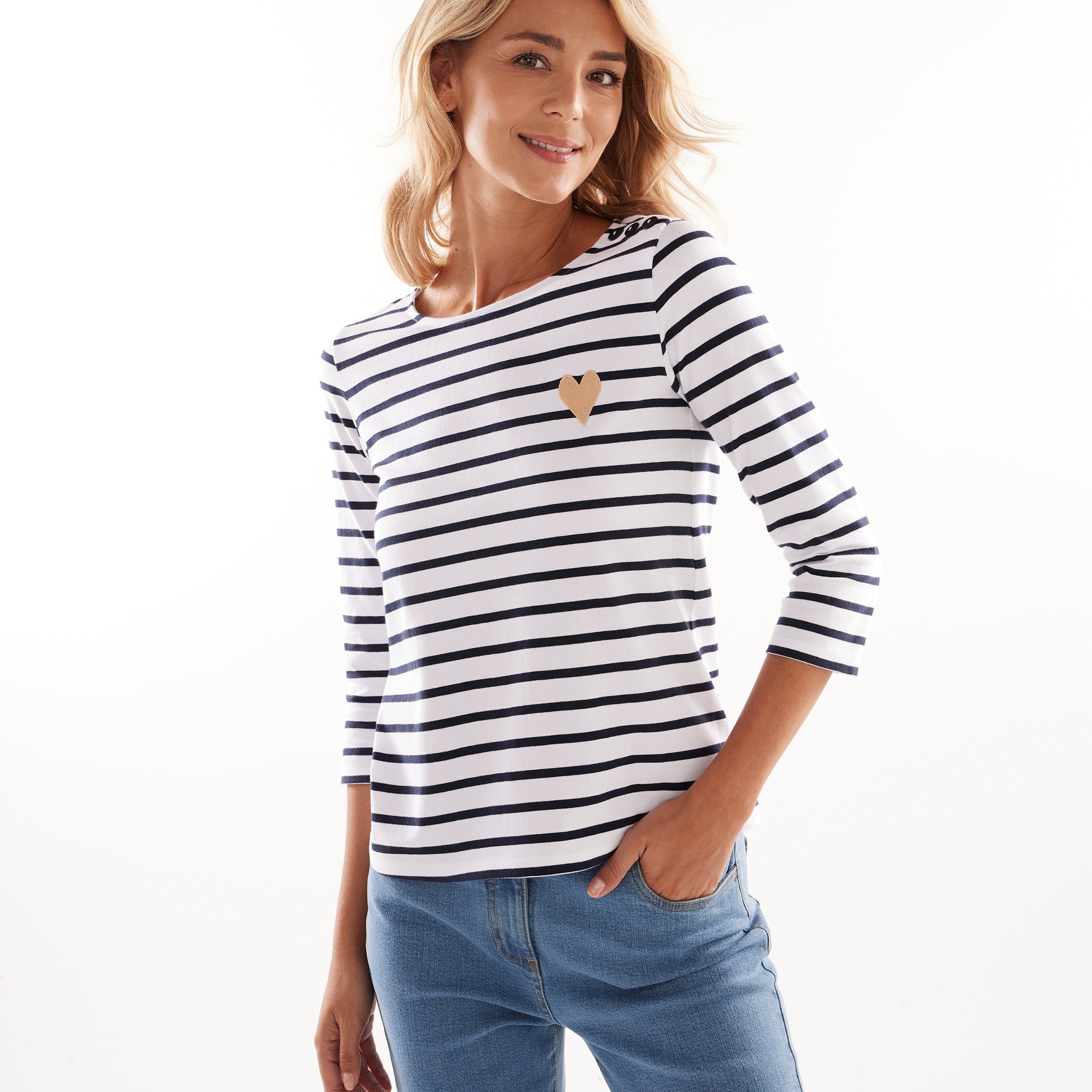 T-shirt Marinière Broderie Coeur Doré - Blancheporte