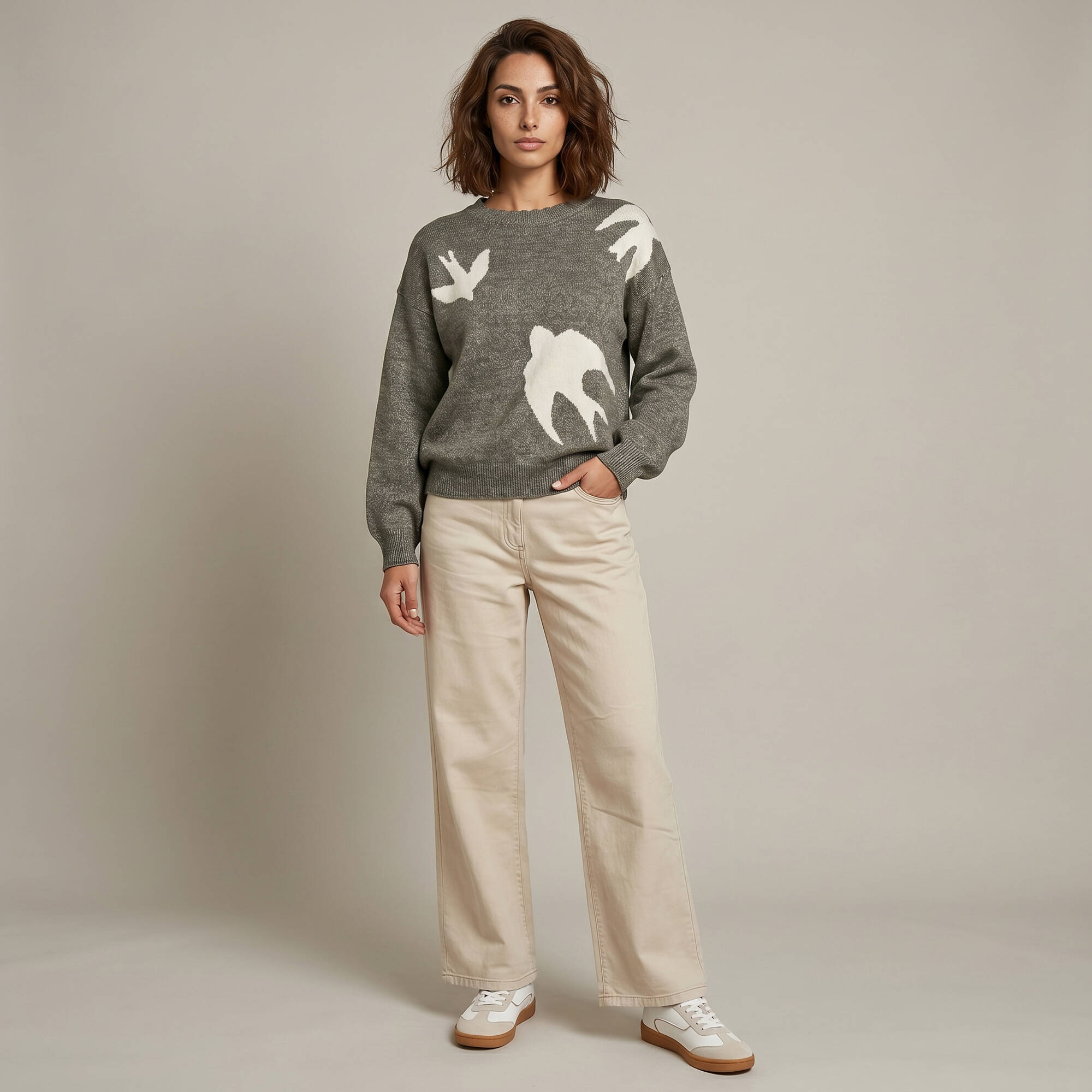 Pull col rond manches longues jacquard motif oiseaux laine mlange - Blancheporte 40$
