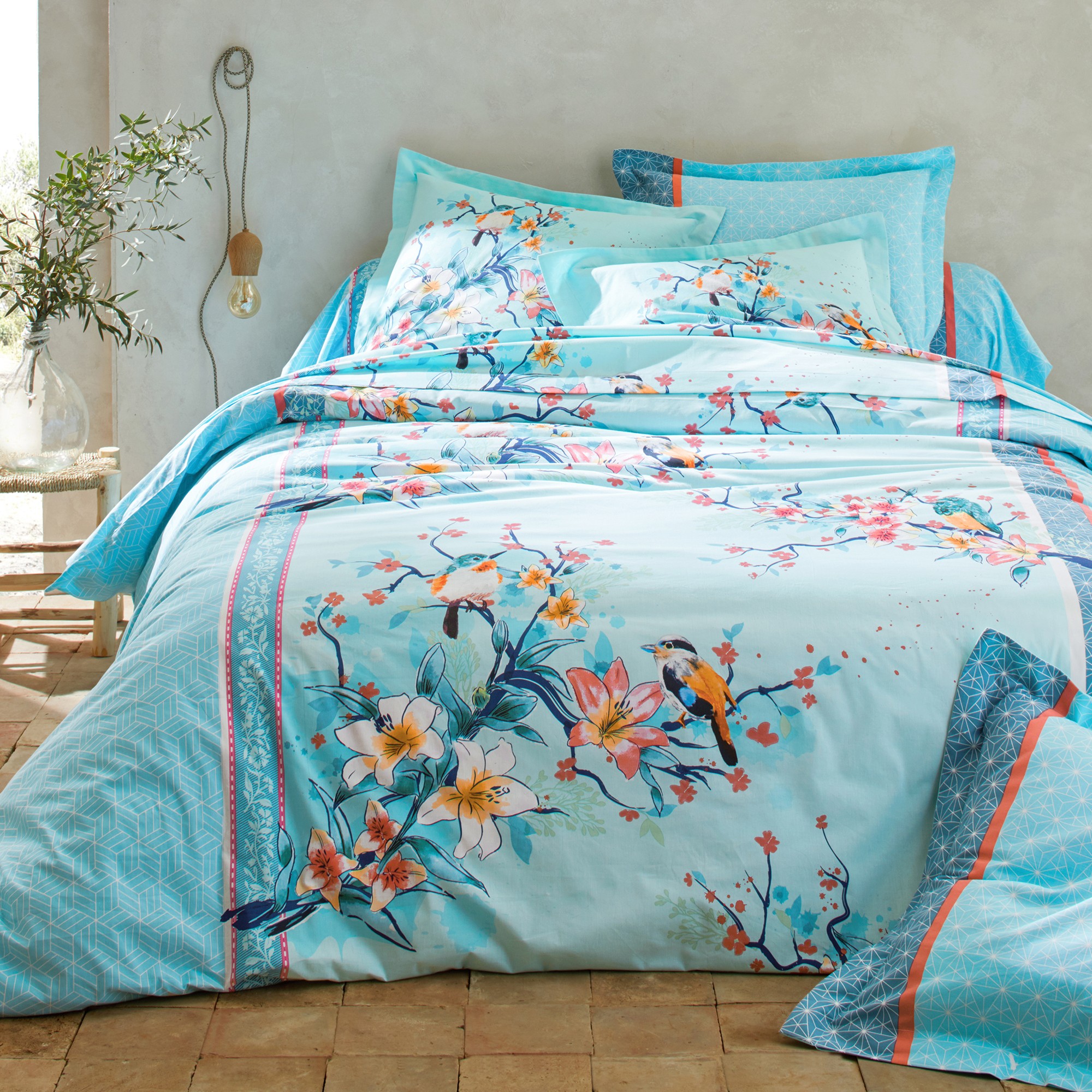 Linge de lit Birdy en coton imprimé oiseaux - Drap Plat 2 Personnesonnes : 270x300cm - Turquoise - C