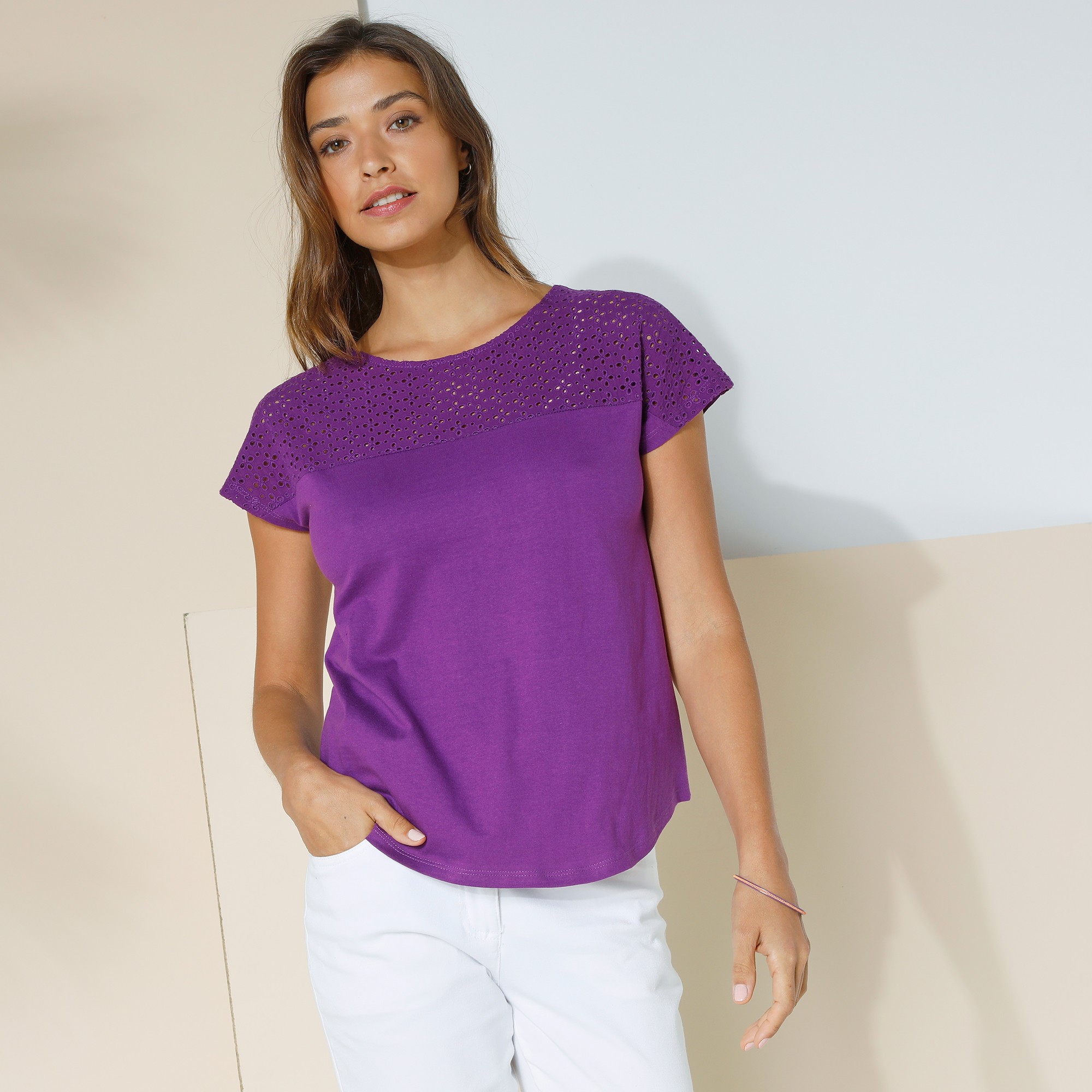 T-shirt Col Rond Manches Courtes, Broderie Anglaise - Blancheporte