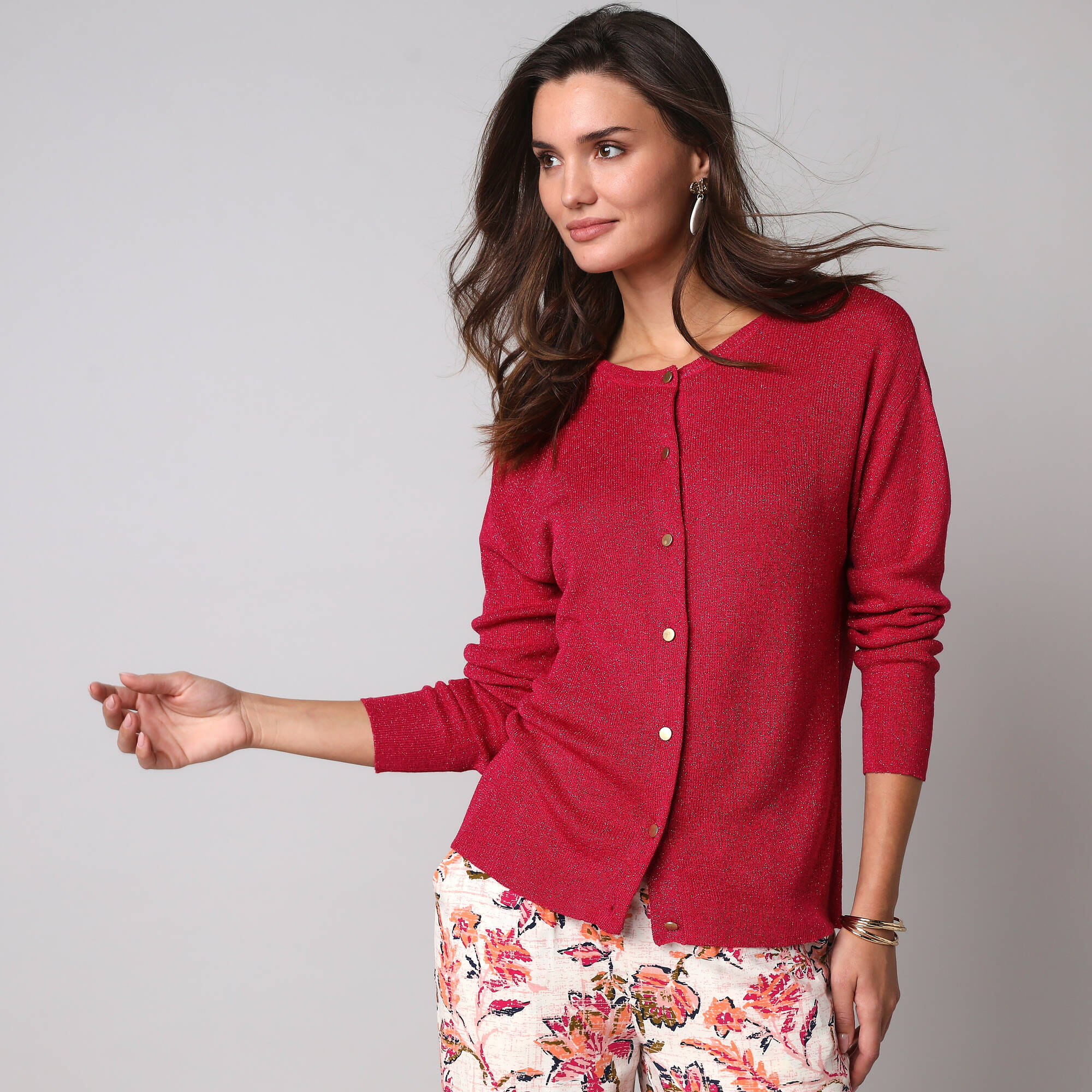 Gilet fine maille et fil brillant, manches longues - Blancheporte