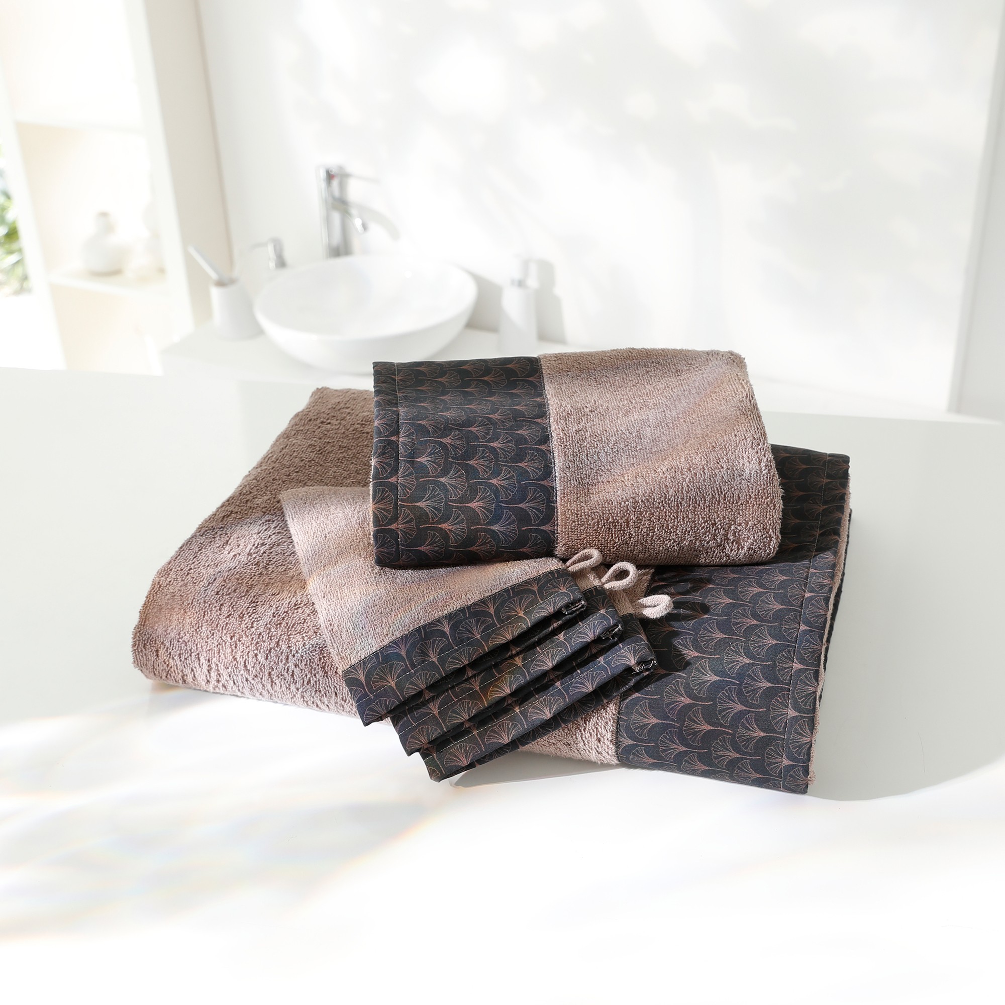 Éponge bouclette 420g/m² liteau imprimé ginkgo - Lot De 2 Gants - Marron - Colombine