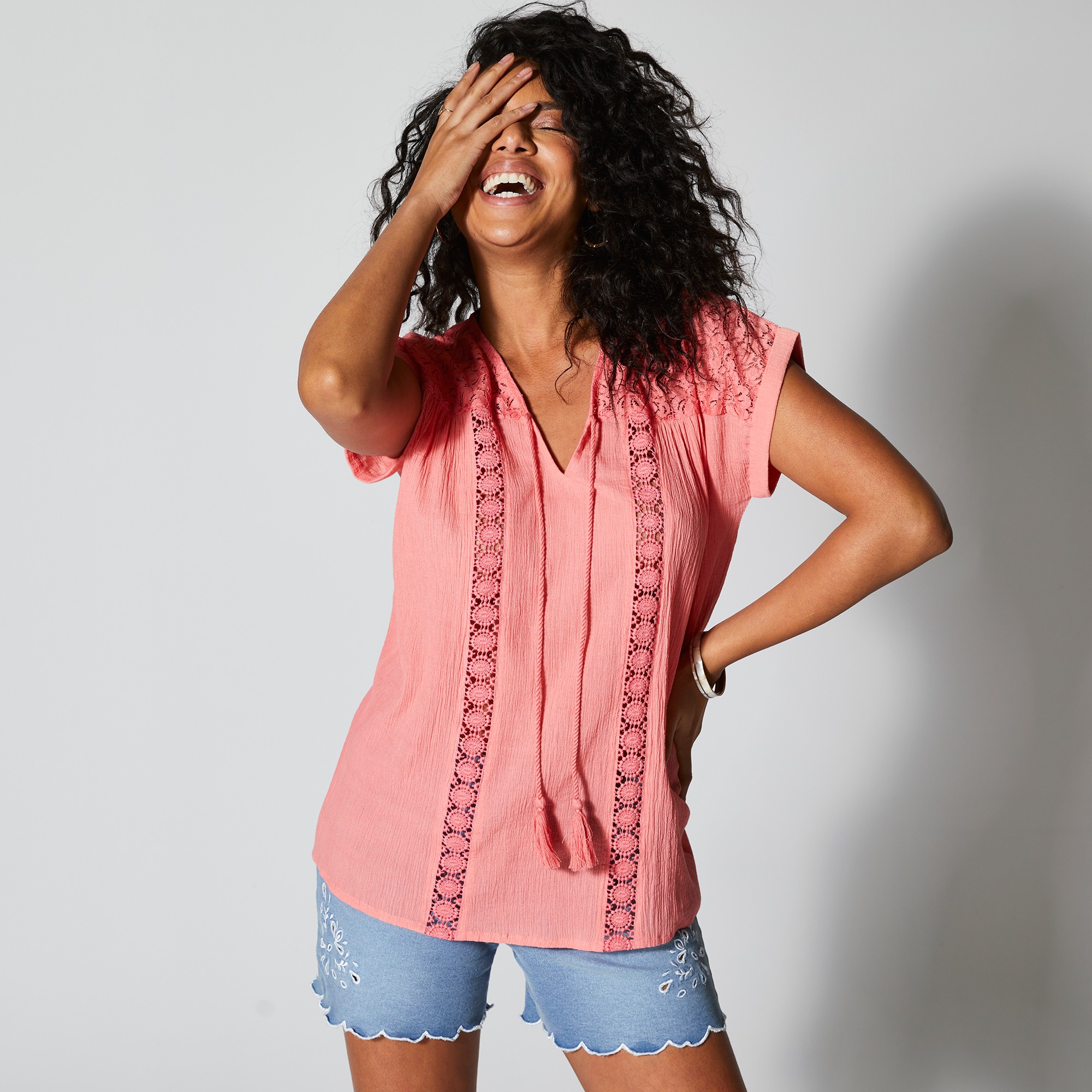 Blouse macramé, crépon coton - 54 - Orange - Lora Zellini