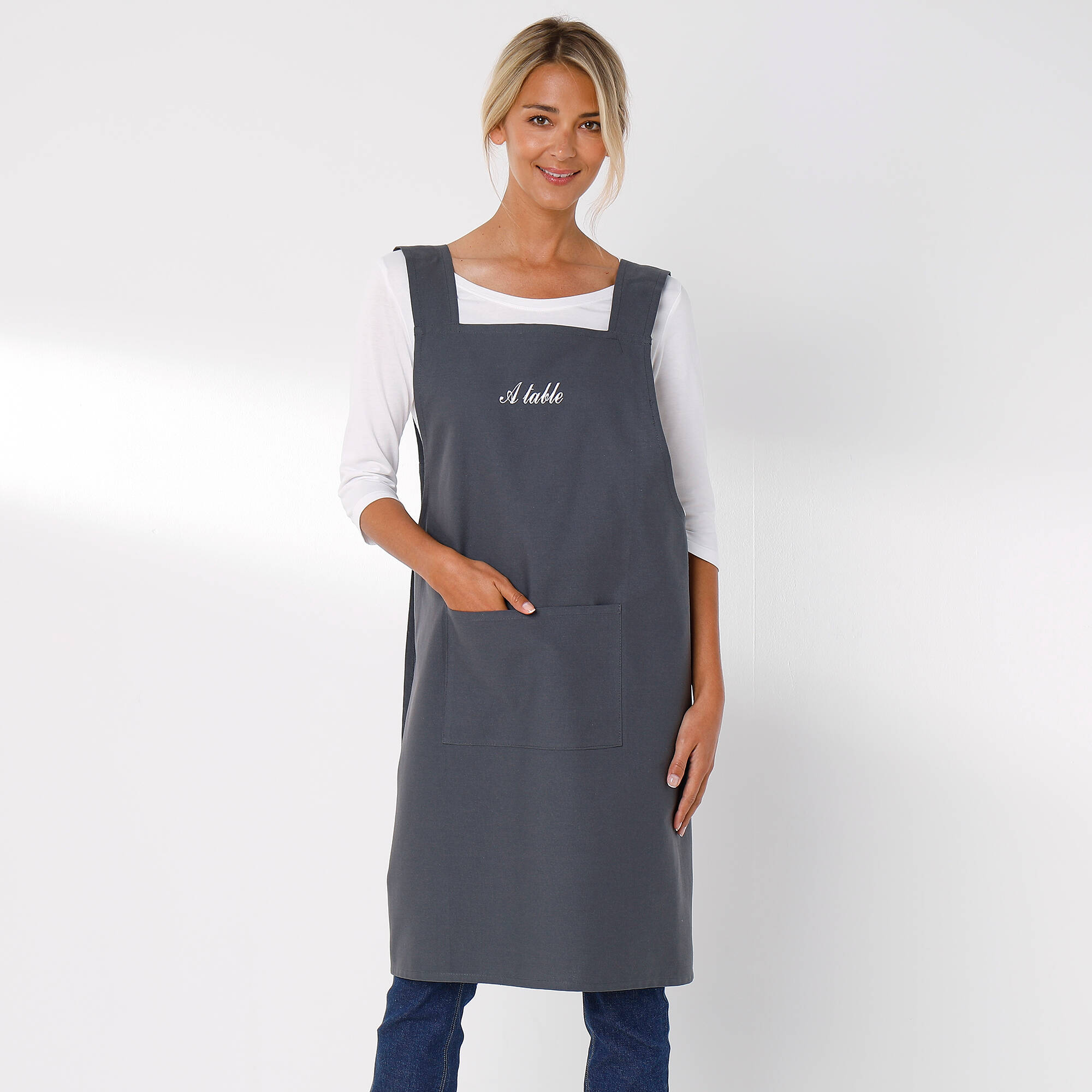 Tablier De Cuisine Coton Lin Gris - Style Japonais - Poches - Chef Homme Femme