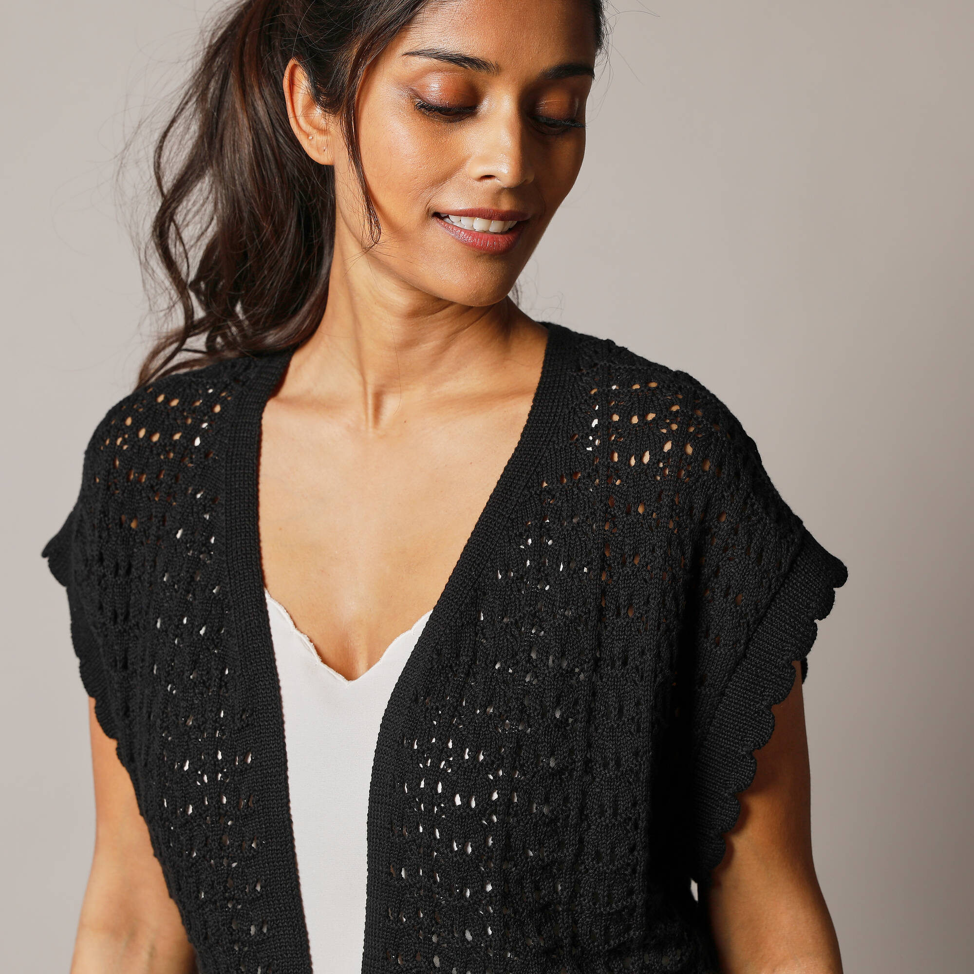 Gilet crochet en coton, manches courtes - Blancheporte