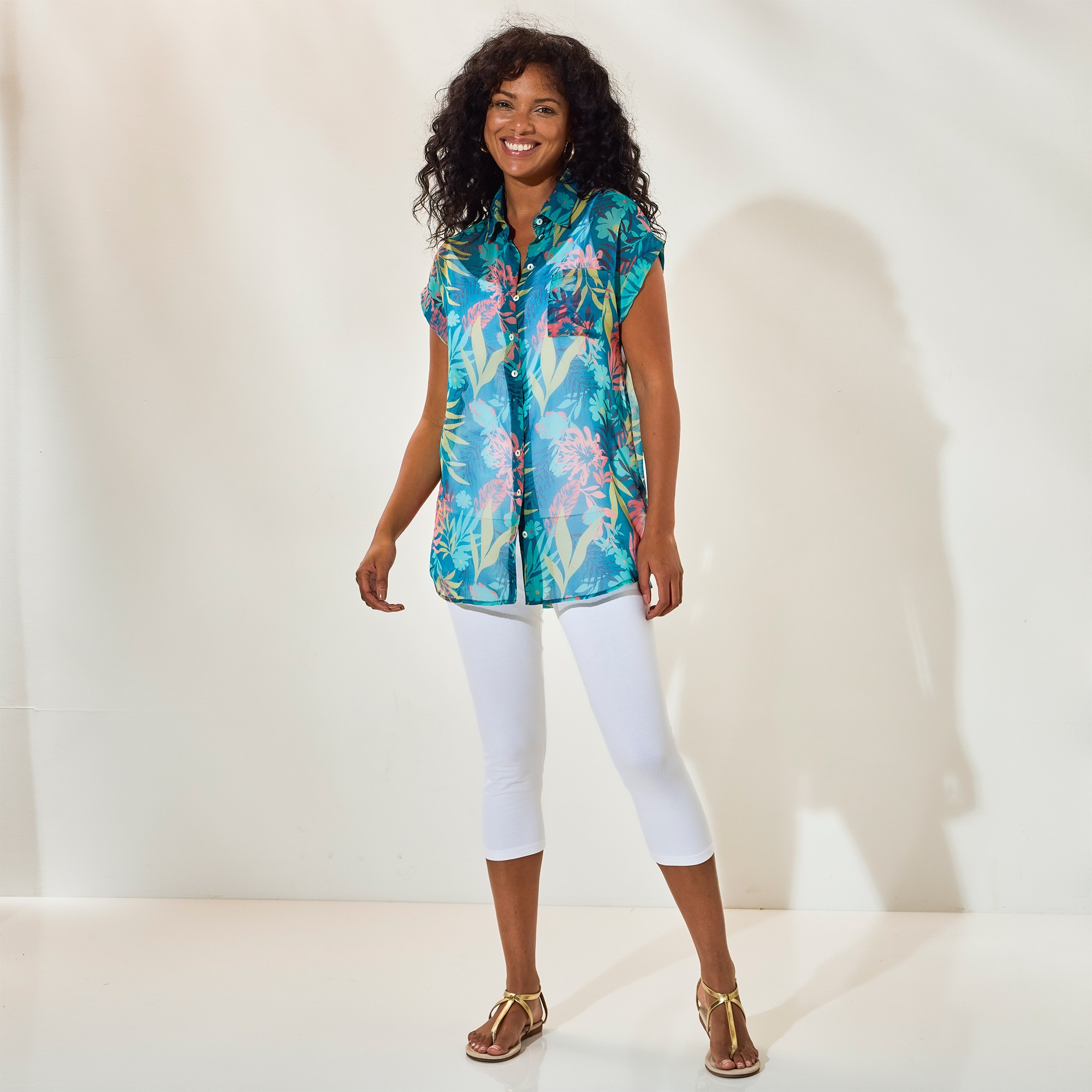 Tunique Col Chemise En Voile, Imprimé Tropical - Blancheporte