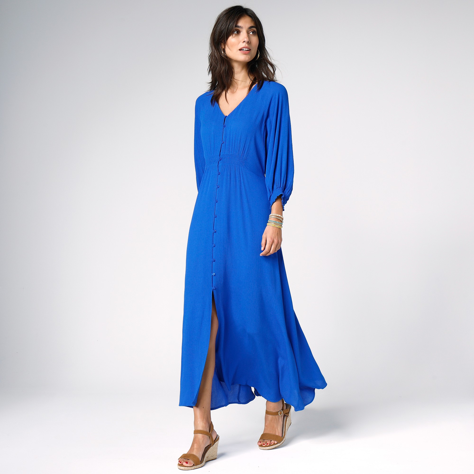 Robe Longue Boutonnée Unie, Crépon - Blancheporte