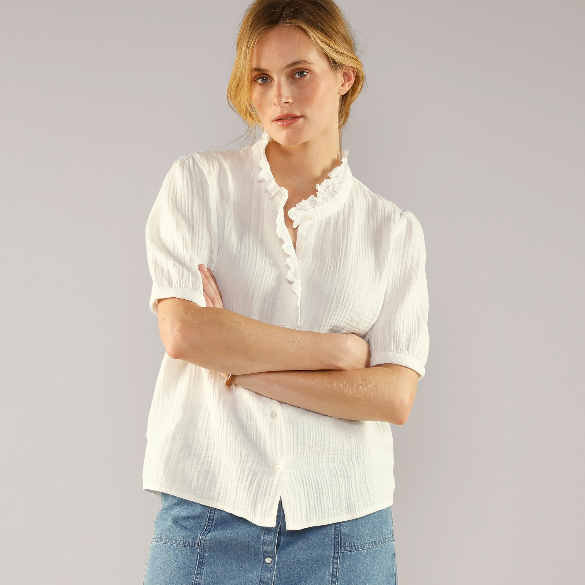 Blouse Boutonnée Unie, Gaze De Coton - Blancheporte