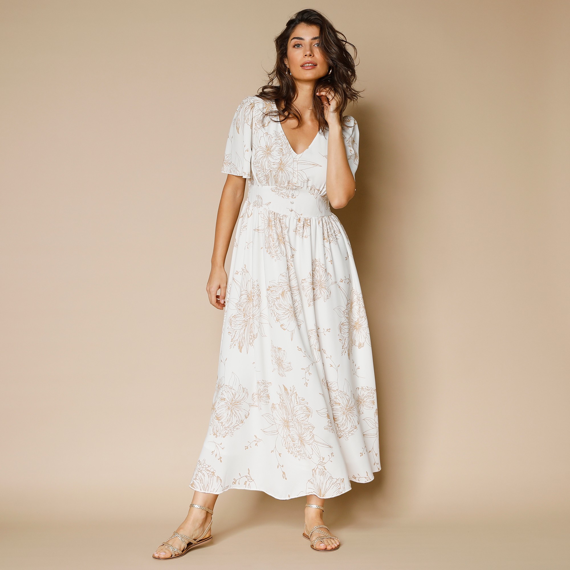 Robe Longue Imprimée, Manches Évasées - Lora Zellini