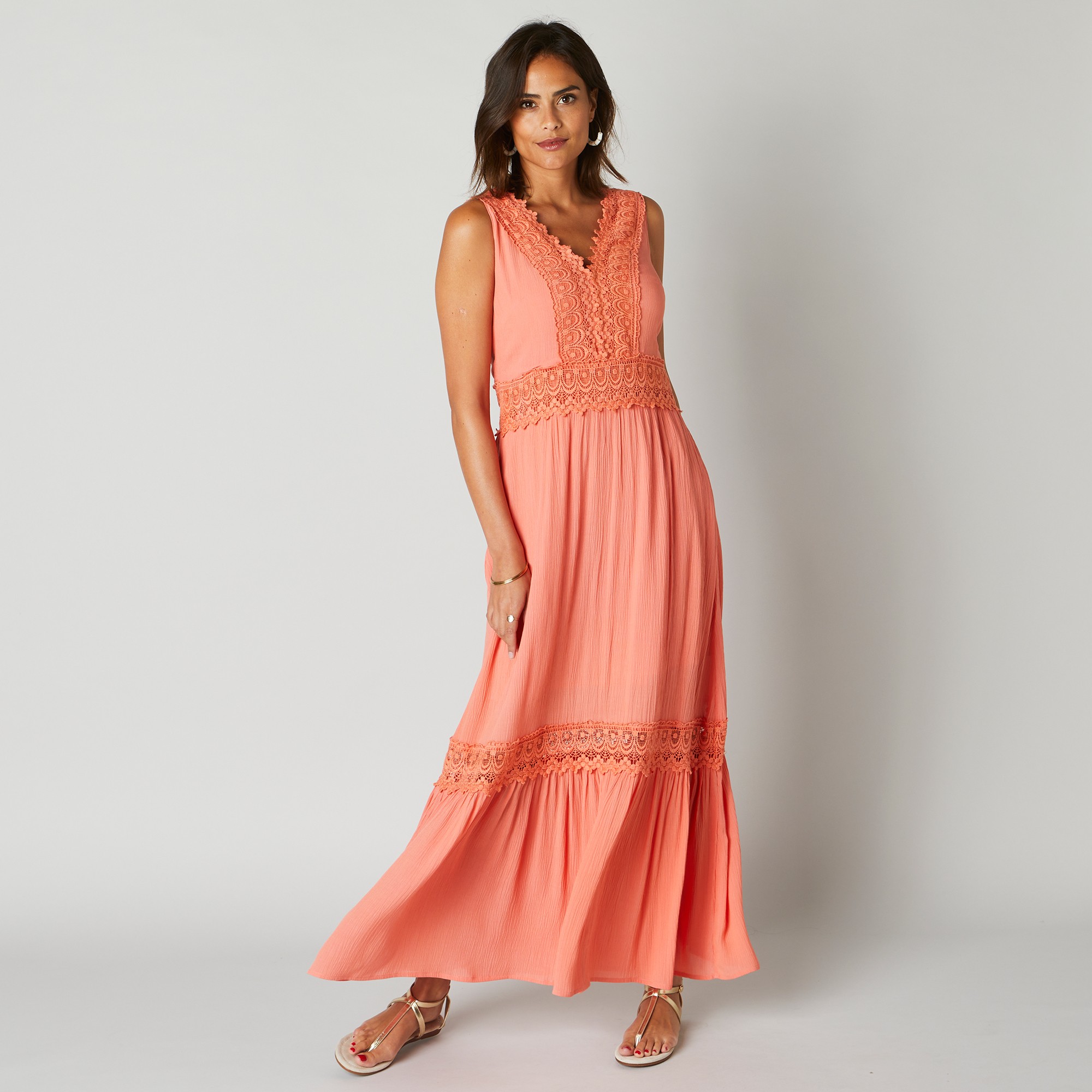 Robe longue volant e macram corail Blancheporte