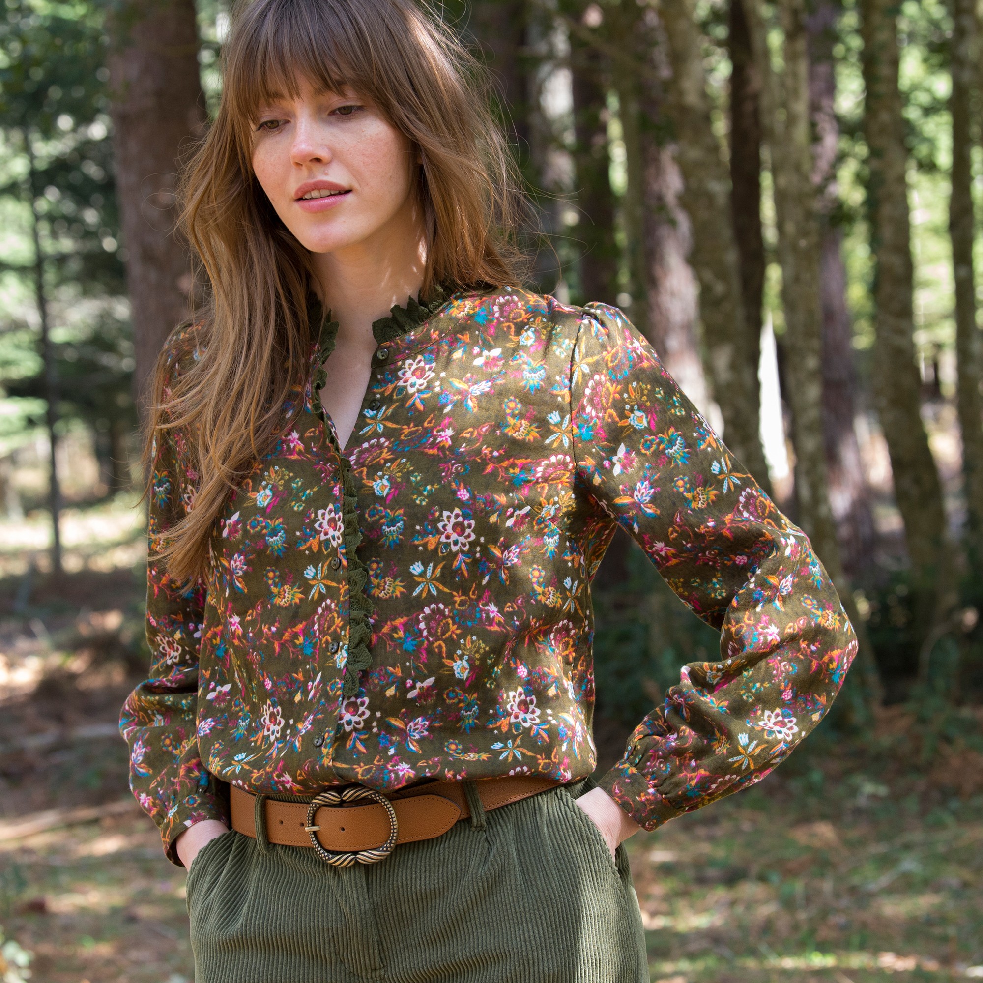 Blouse Boutonnée Col Officier Imprimée, Gaze De Coton - Blancheporte