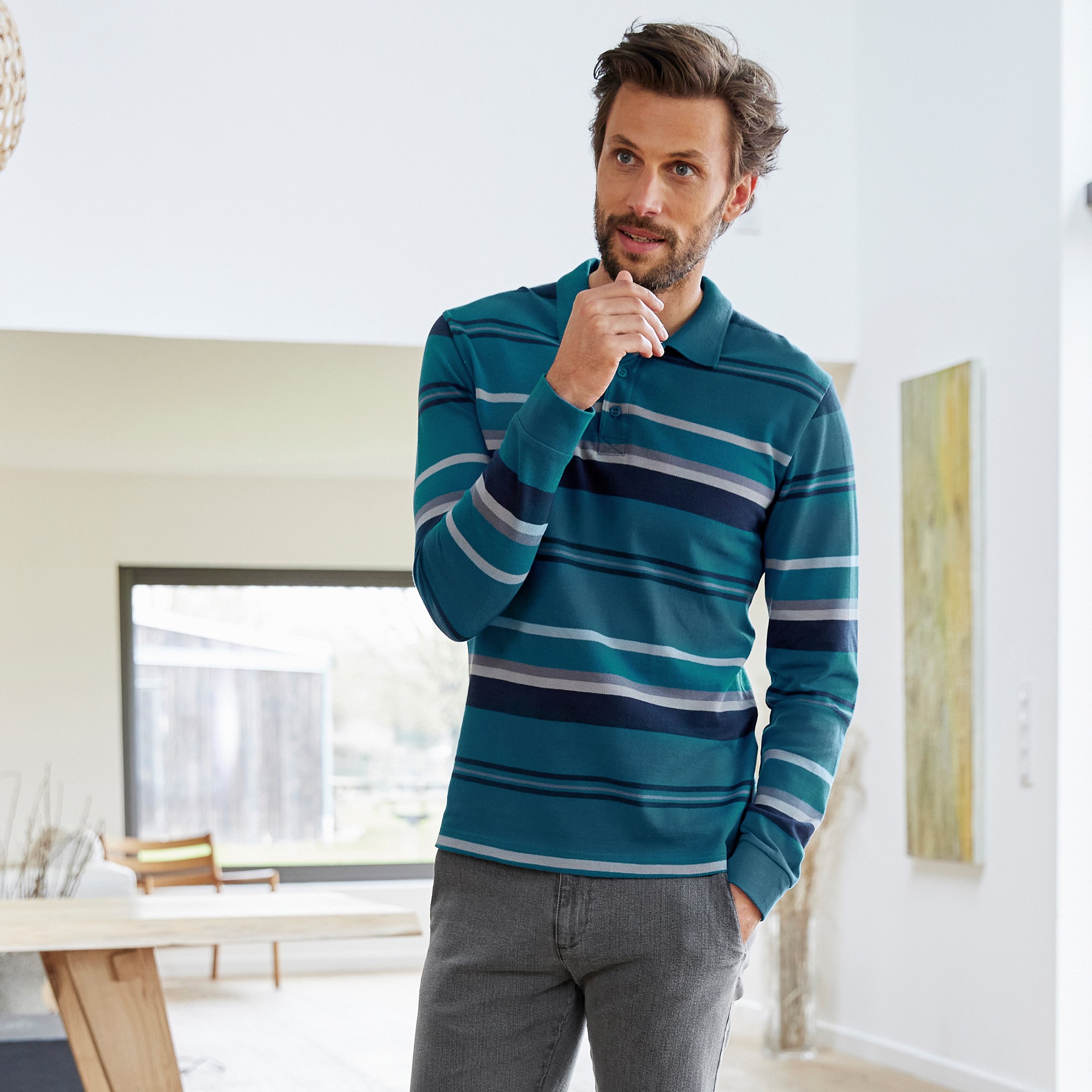 Polo Maille Piquée Rayée, Manches Longues - Blancheporte