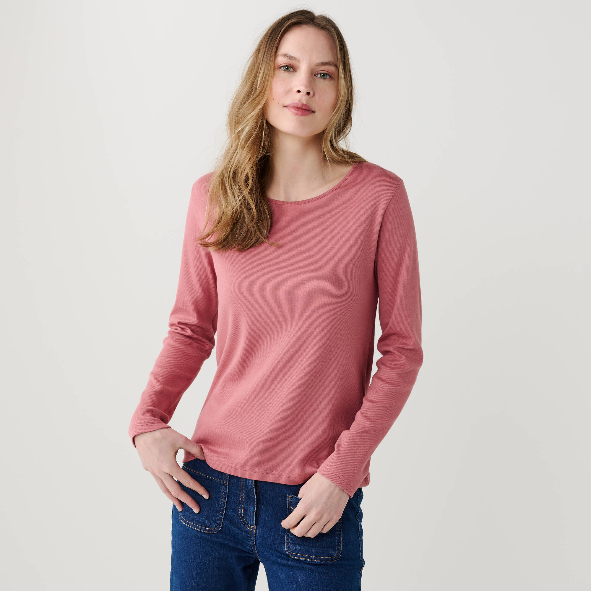 T-shirt col rond en maille ctele manches longues - Blancheporte 18$