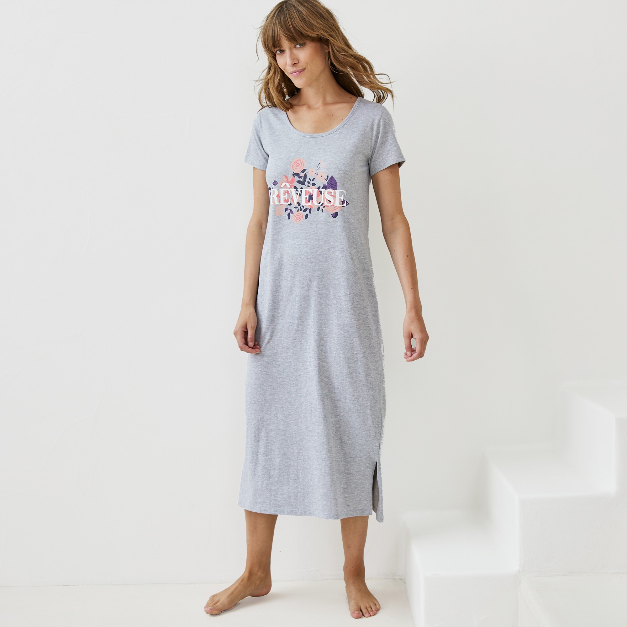 Chemise De Nuit Longue Manches Courtes Imprimé rêveuse - Blancheporte