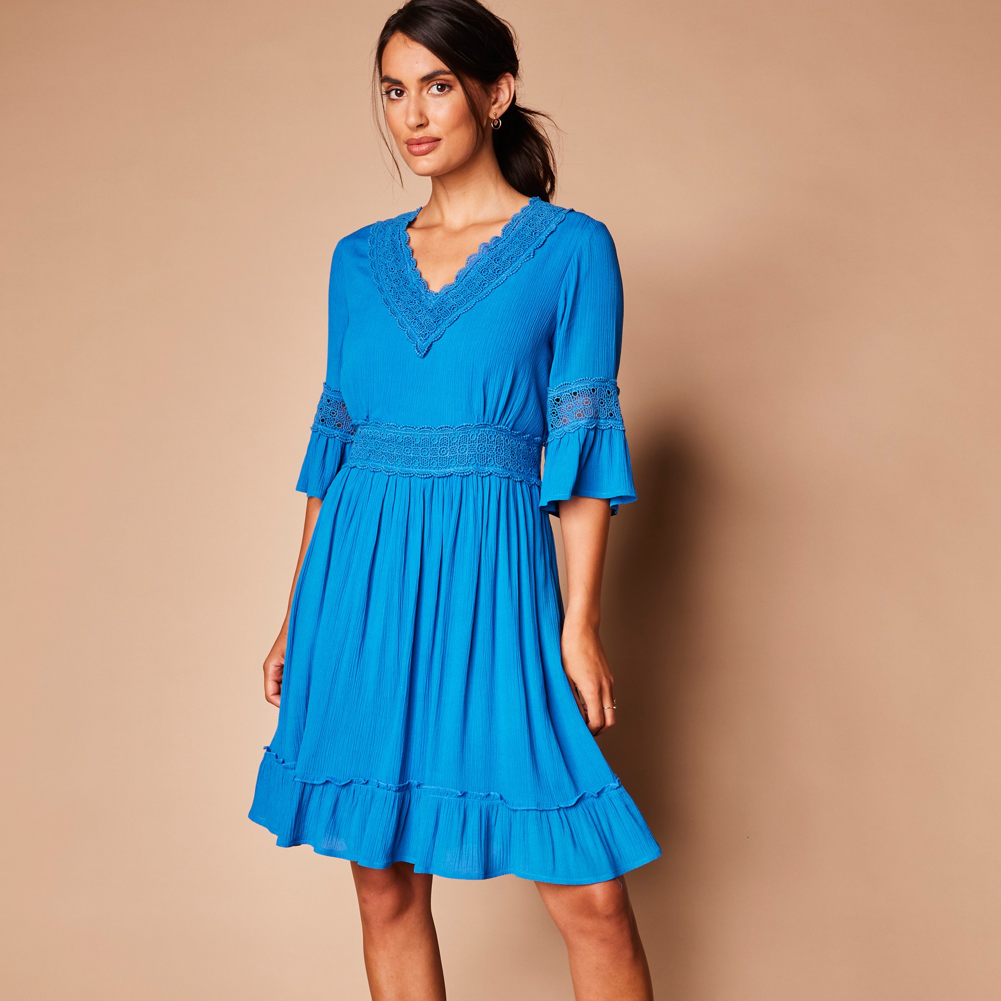 Robe courte macramé unie, crépon - 54 - Bleu - Lora Zellini