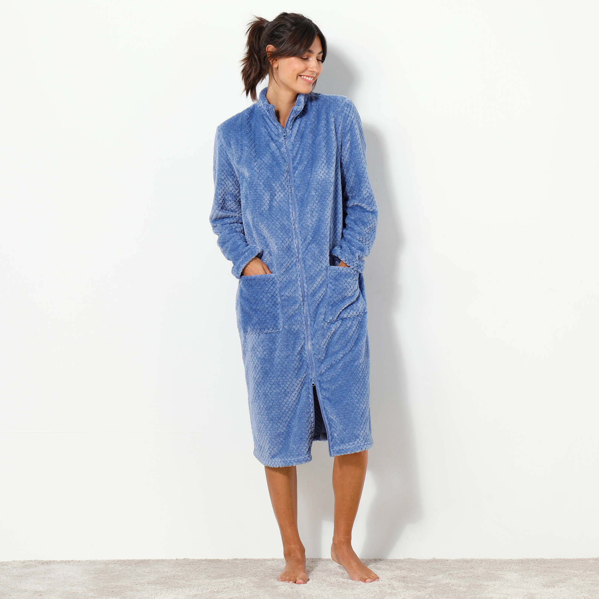 Robe de chambre zippee maille polaire texturee bleu jean Blancheporte