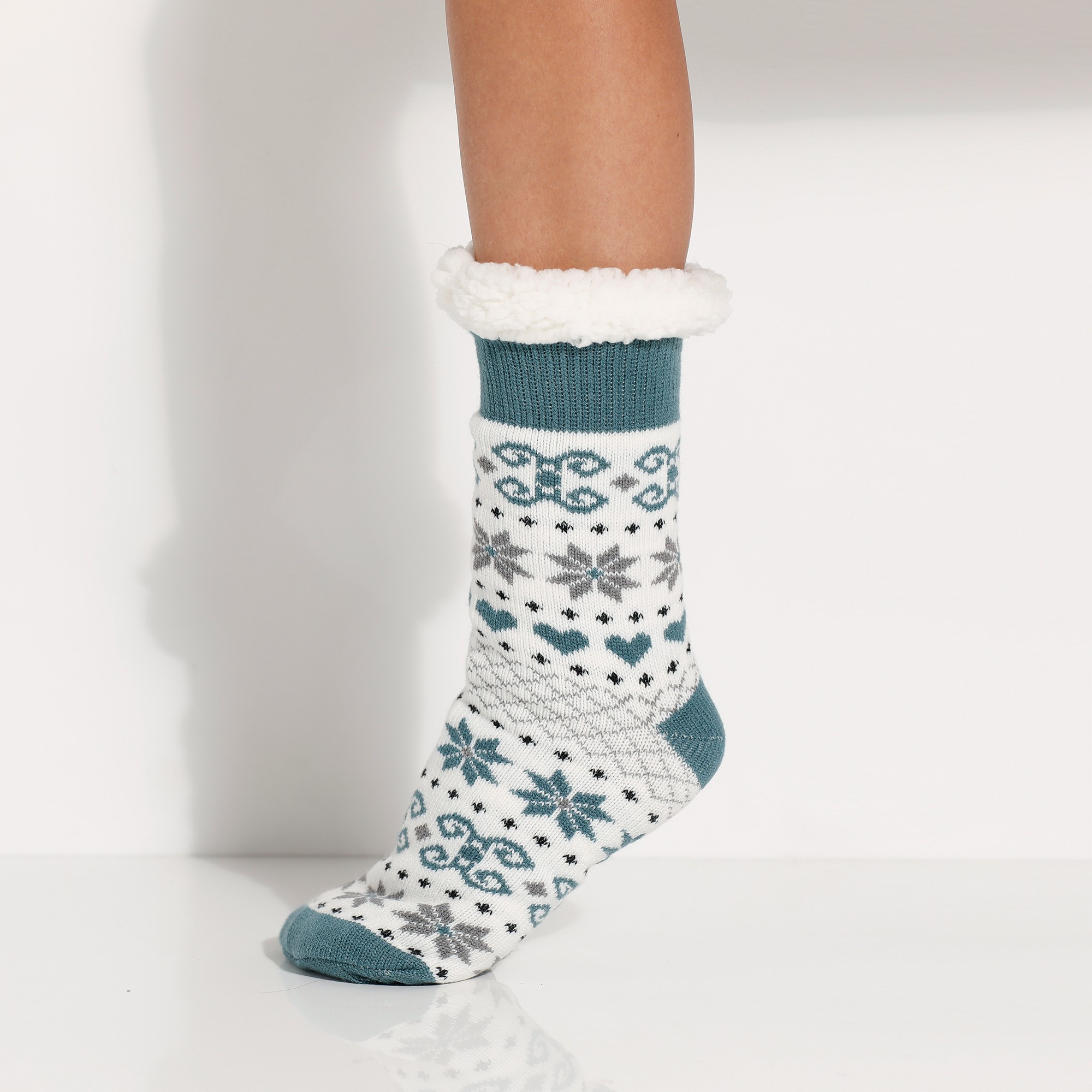 Chaussons-chaussettes Fourrés Motif Flocons, Antidérapants - Blancheporte
