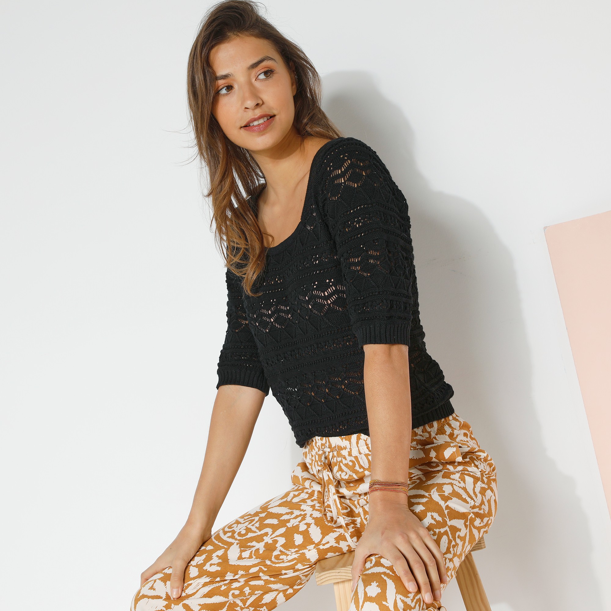 Pull Maille Ajourée Fantaisie, Manches Coude - Blancheporte