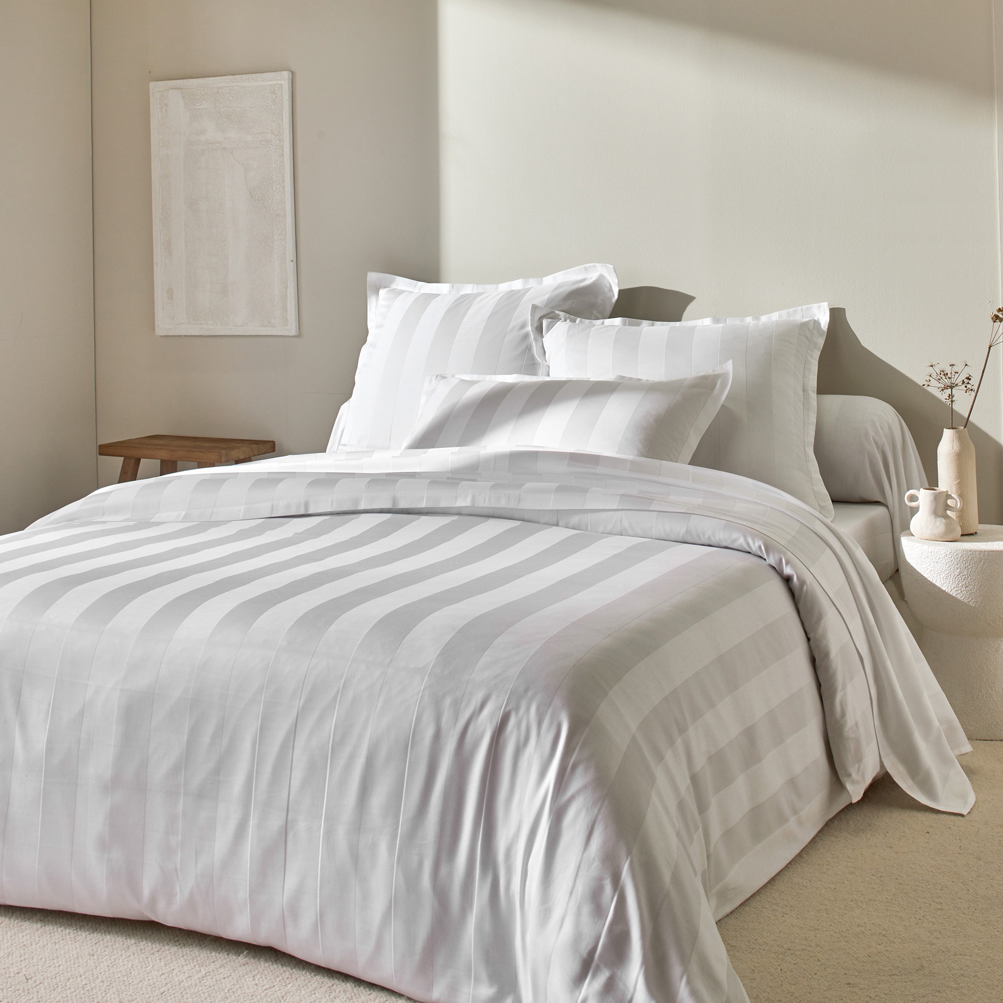 Linge de lit satin rayé - Drap Plat 2 Personnesonnes : 240x310cm - Blanc - Colombine